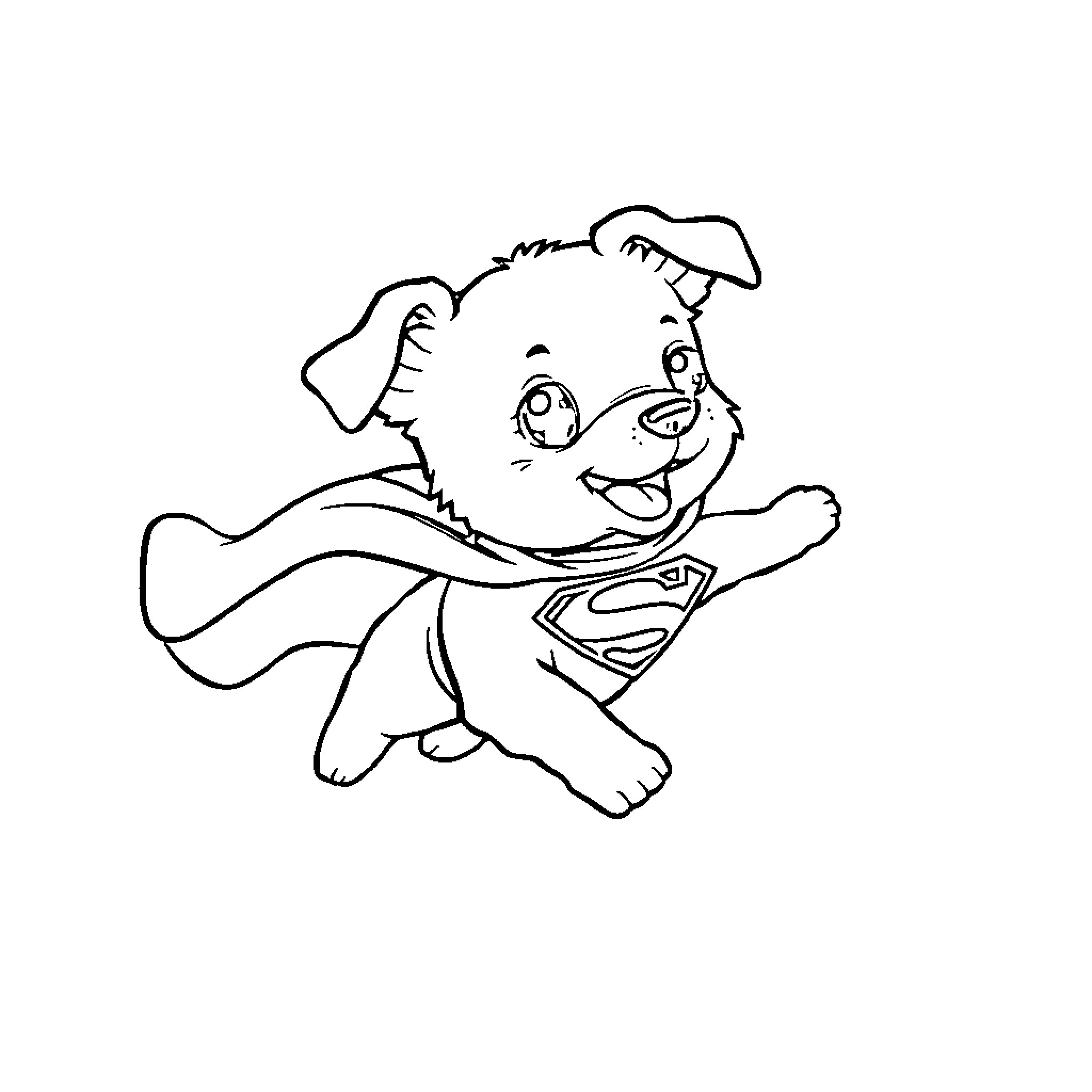 Puppy dressed as superhero flying through the air Coloring Page (free black-and-white line drawing printable PDF for all, from beginners to advanced learners, including children, teens, adults, and seniors)