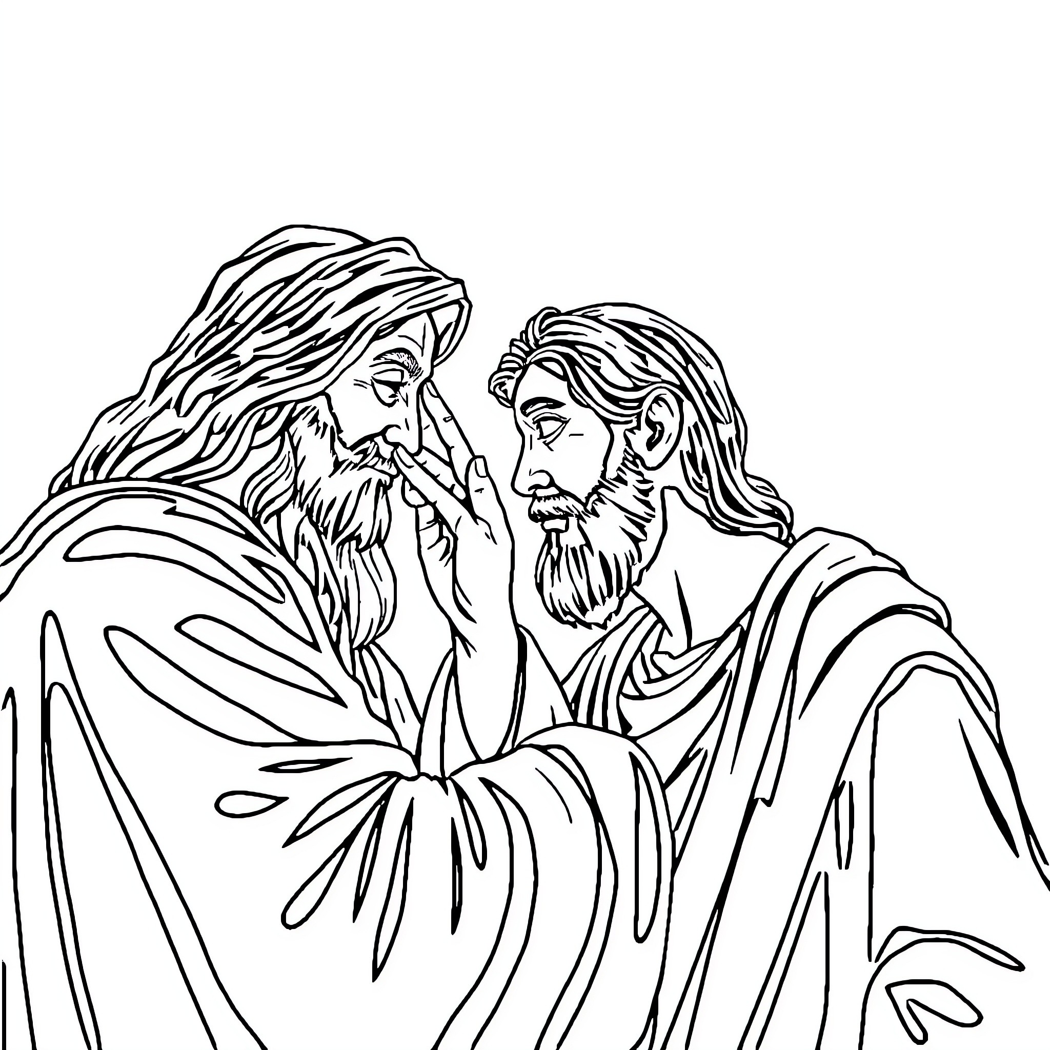 Jesus and His Disciples in Thoughtful Conversation Coloring Page (free black-and-white line drawing printable PDF for all, from beginners to advanced learners, including children, teens, adults, and seniors)