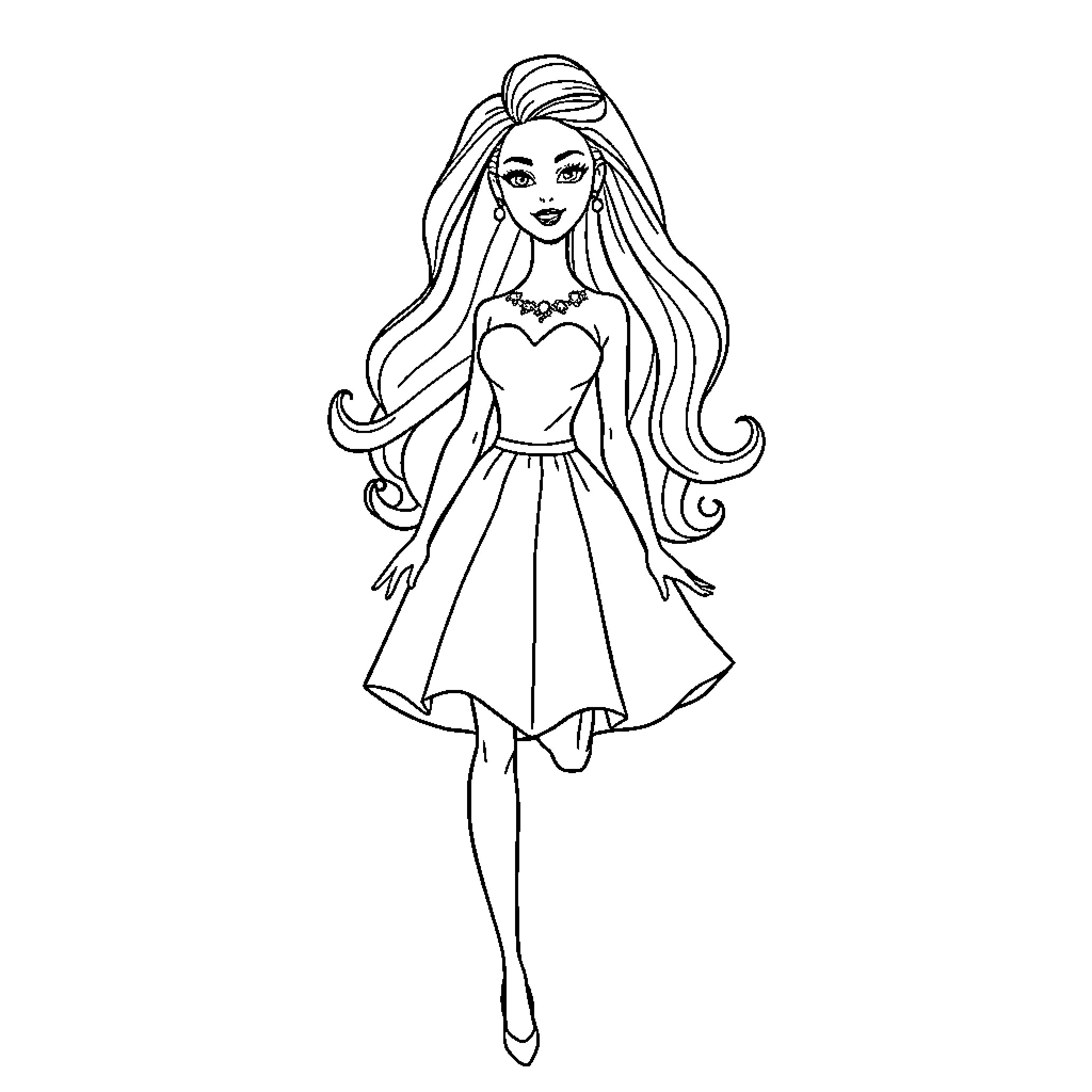 Barbie in Elegant Dress with Long Flowing Hair Coloring Page (free black-and-white line drawing printable PDF for all, from beginners to advanced learners, including children, teens, adults, and seniors)