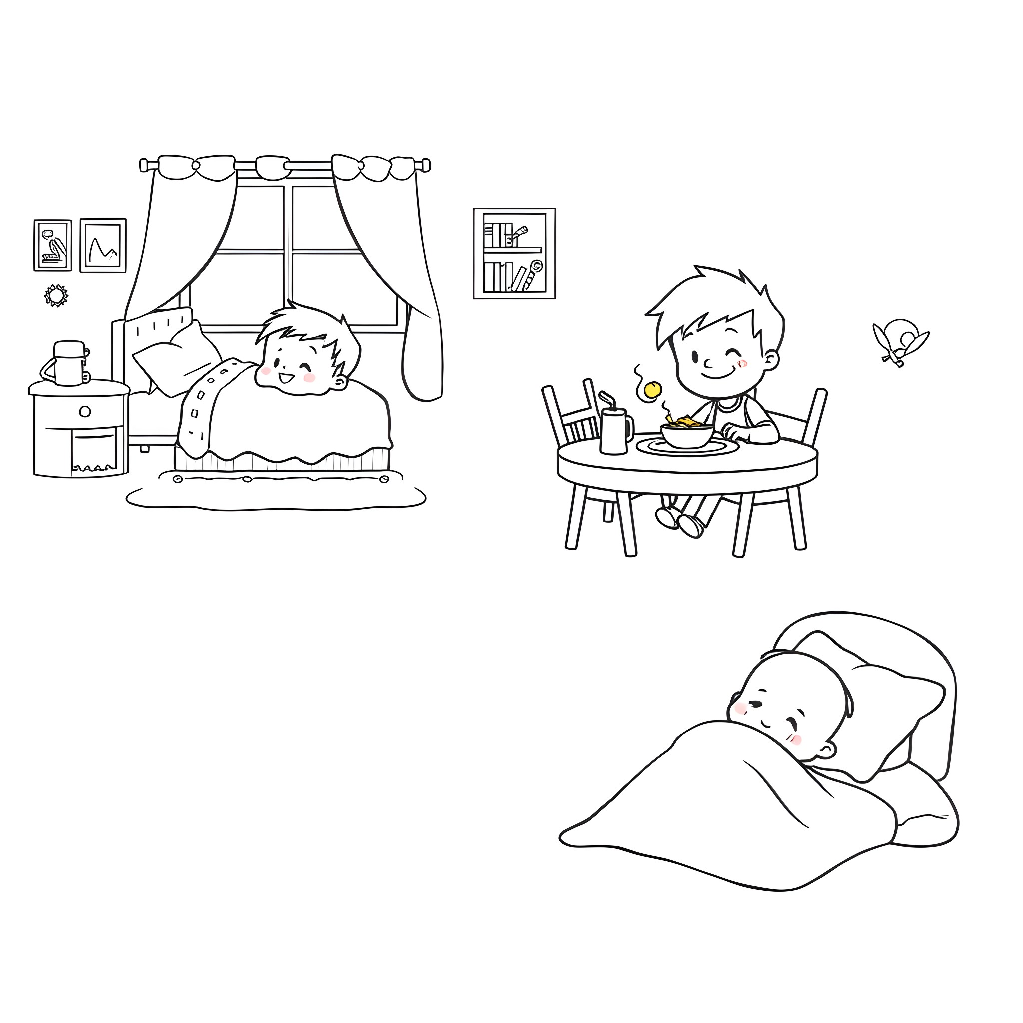 Bing: Boy enjoying breakfast and sleeping in bed Coloring Page (free black-and-white line drawing printable PDF for all, from beginners to advanced learners, including children, teens, adults, and seniors)