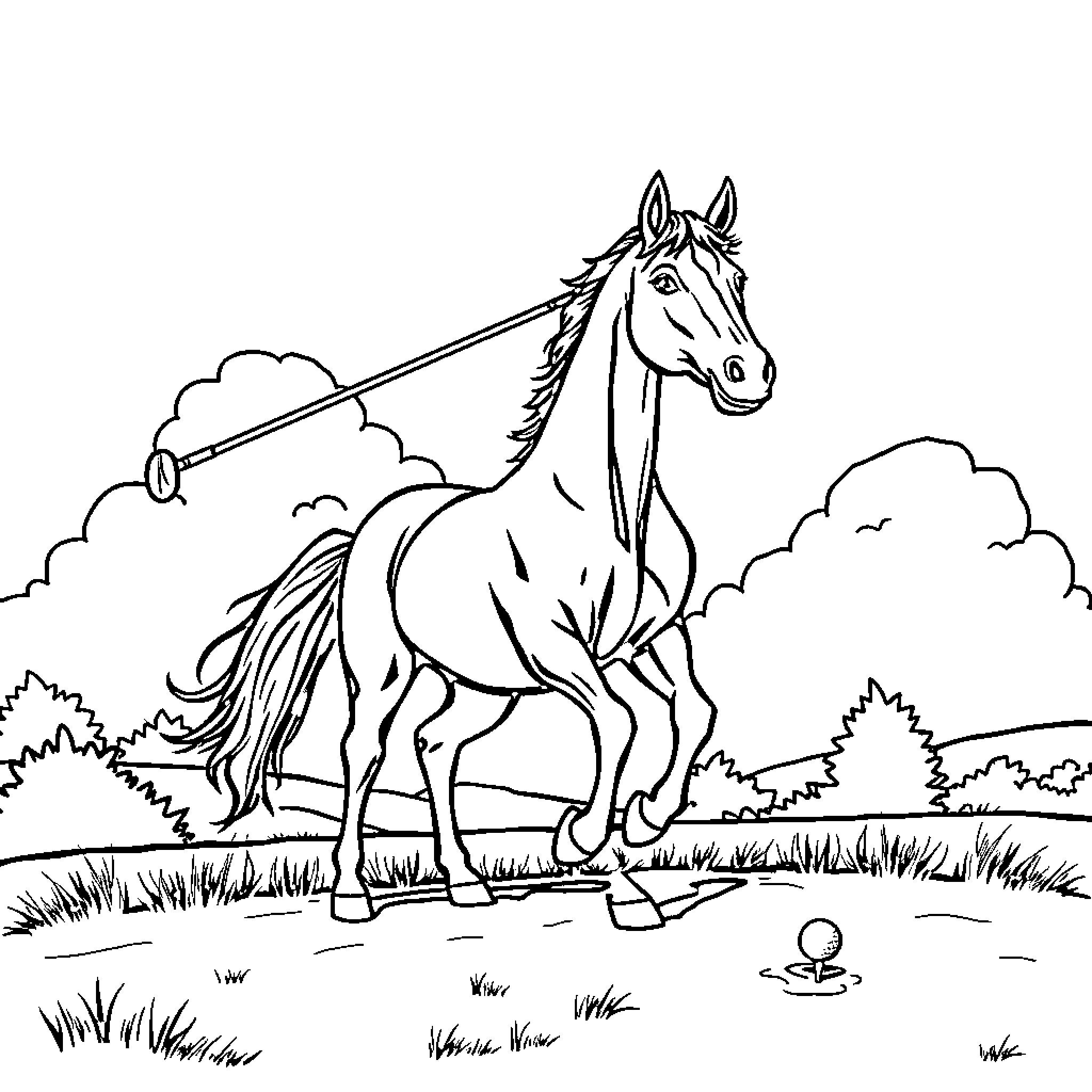 Horse galloping across grassy field Coloring Page (free black-and-white line drawing printable PDF for all, from beginners to advanced learners, including children, teens, adults, and seniors)