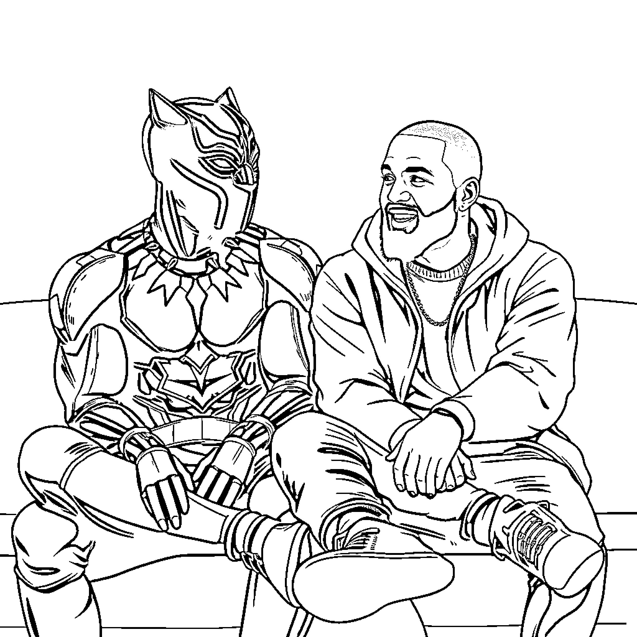 Panther superhero and civilian man in friendly discussion Coloring Page (free black-and-white line drawing printable PDF for all, from beginners to advanced learners, including children, teens, adults, and seniors)