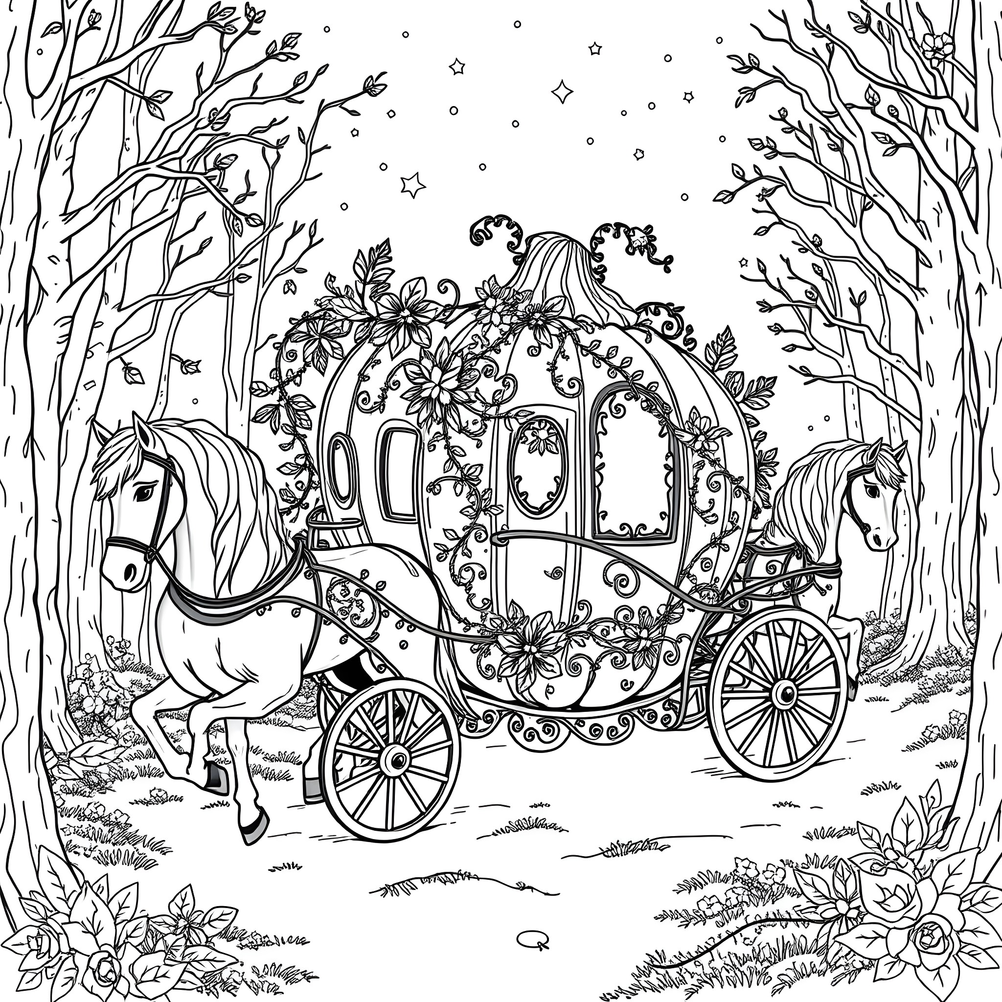 Pumpkin carriage drawn by horses through enchanted forest Coloring Page (free black-and-white line drawing printable PDF for all, from beginners to advanced learners, including children, teens, adults, and seniors)