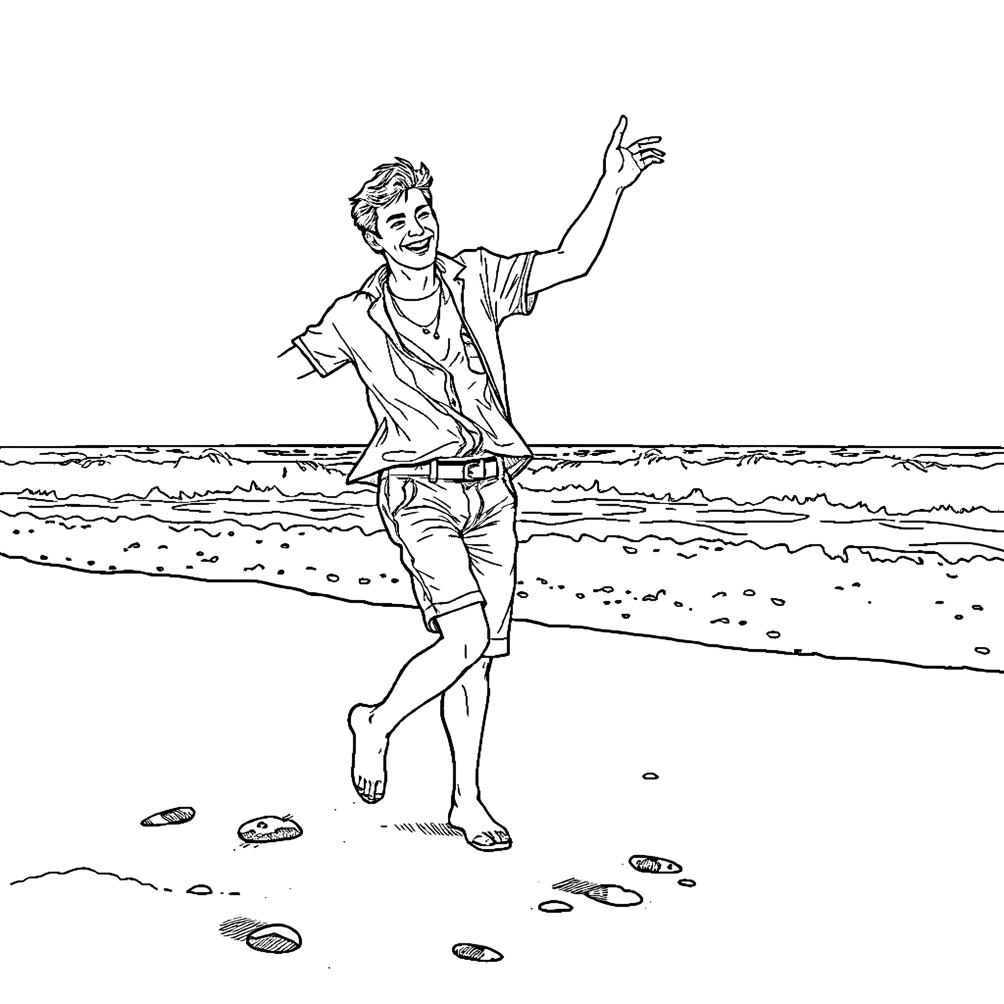 Man enjoying carefree moment on the beach Coloring Page (free black-and-white line drawing printable PDF for all, from beginners to advanced learners, including children, teens, adults, and seniors)