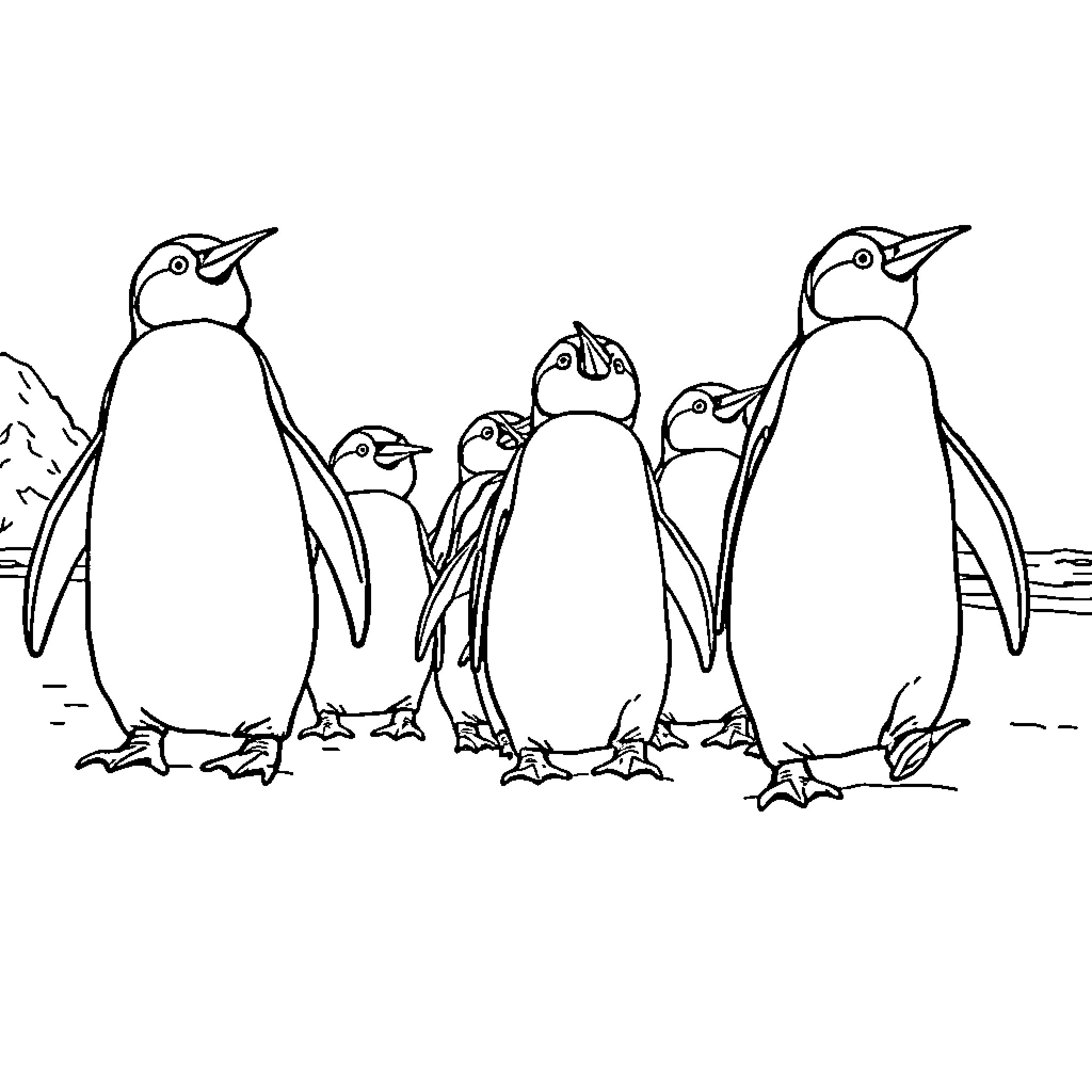 Penguins waddling together in the snow Coloring Page (free black-and-white line drawing printable PDF for all, from beginners to advanced learners, including children, teens, adults, and seniors)