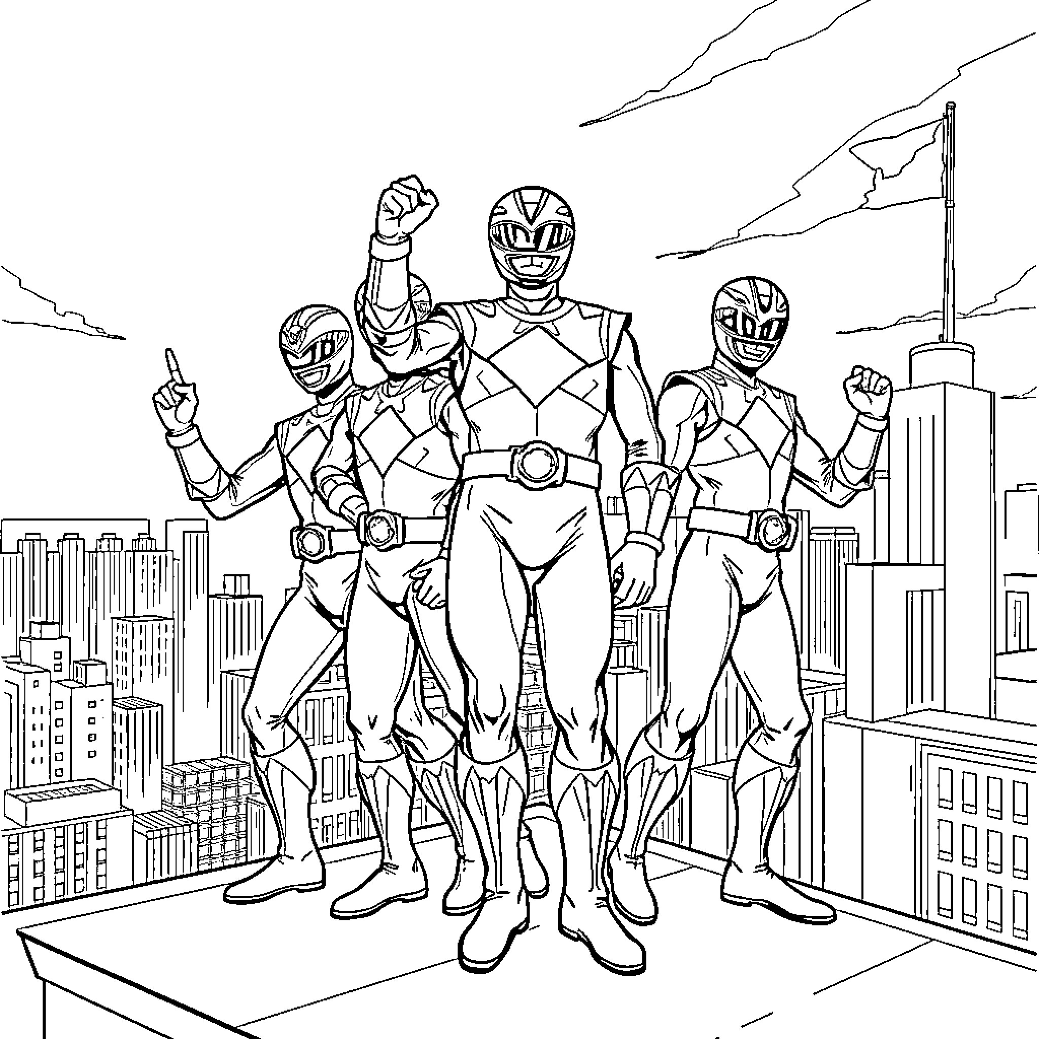 Power Rangers Team Heroically Stands Over City Coloring Page (free black-and-white line drawing printable PDF for all, from beginners to advanced learners, including children, teens, adults, and seniors)