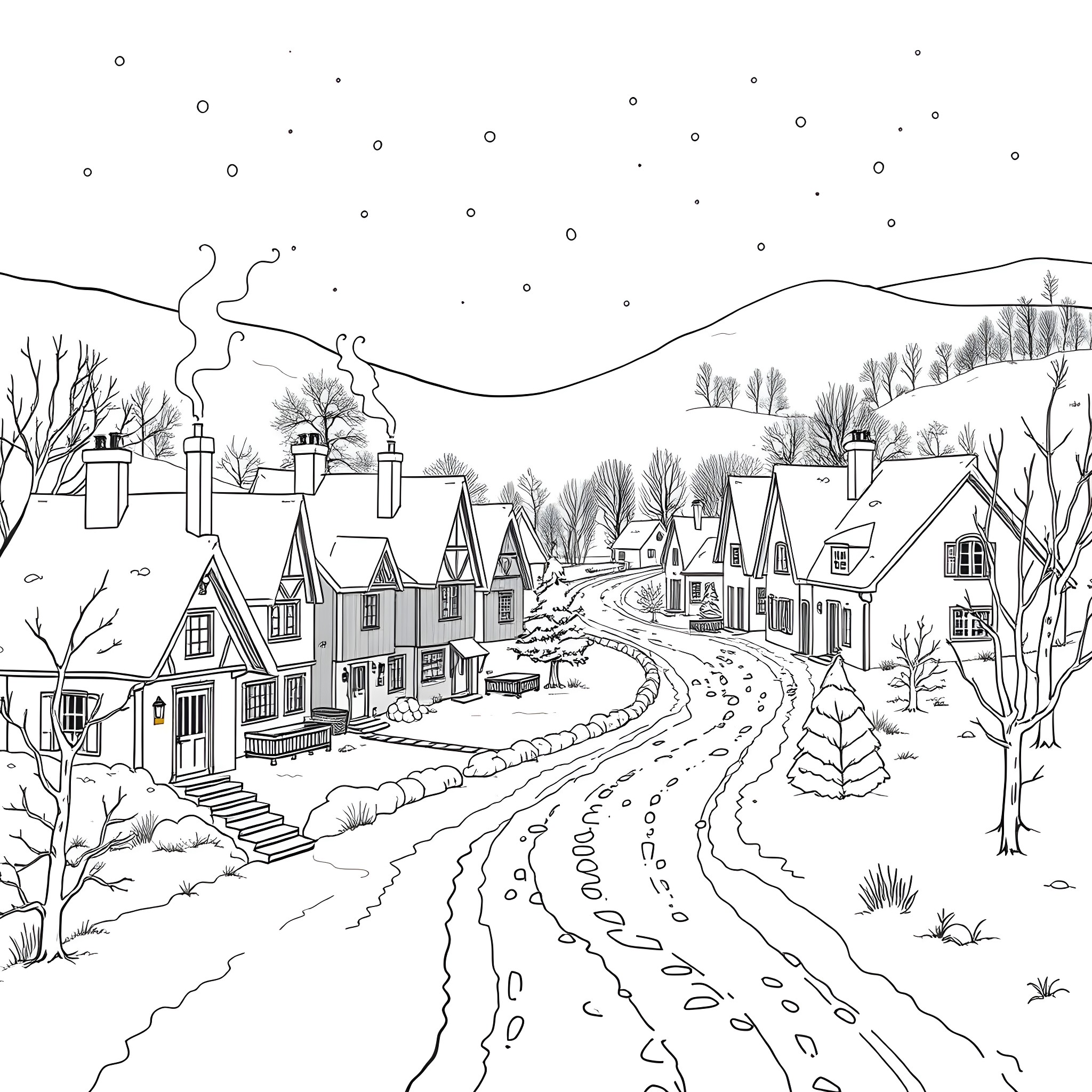 Village Scene with Snowy Pathway and Cottages Coloring Page (free black-and-white line drawing printable PDF for all, from beginners to advanced learners, including children, teens, adults, and seniors)
