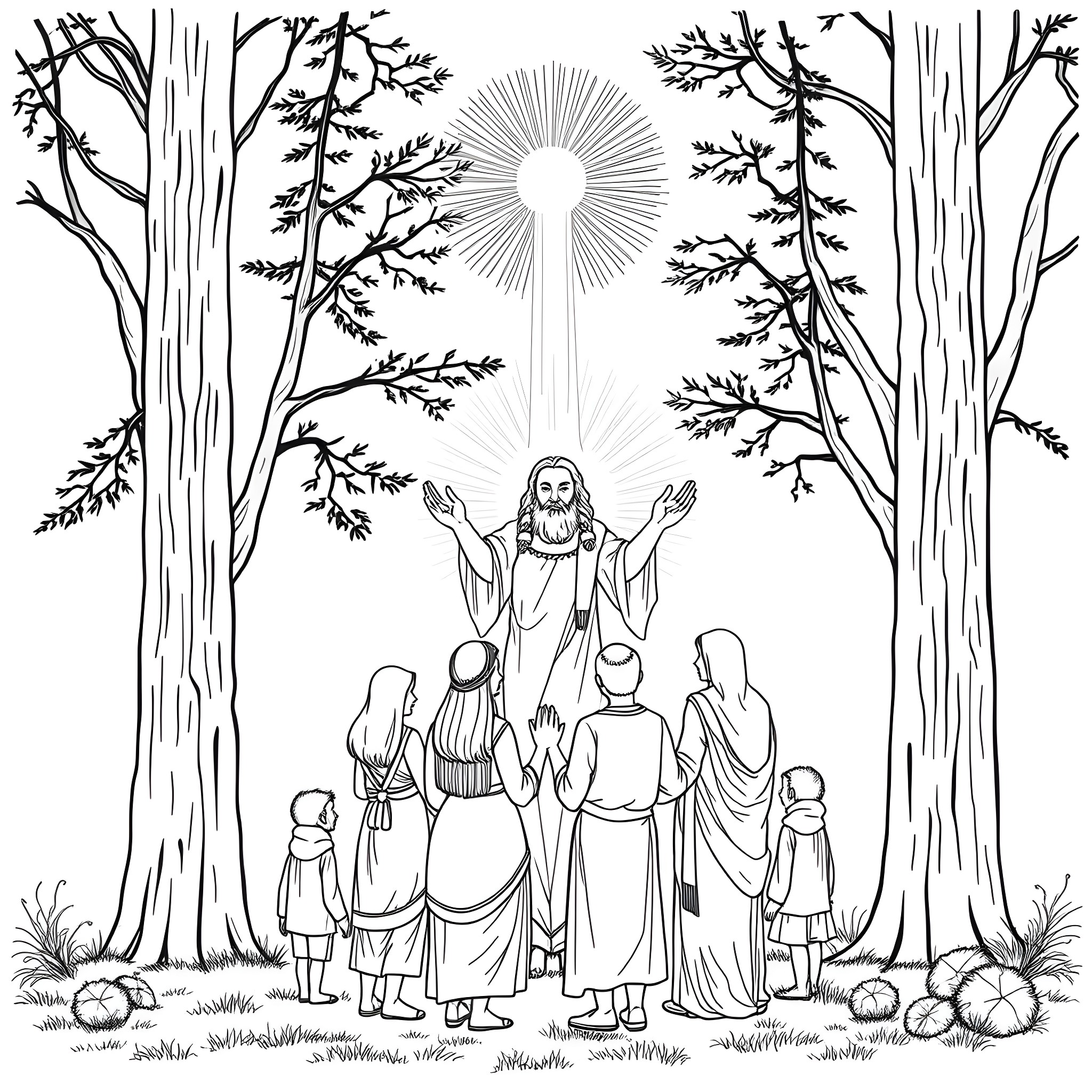 Spirit of the Forest Embracing the Faithful Coloring Page (free black-and-white line drawing printable PDF for all, from beginners to advanced learners, including children, teens, adults, and seniors)