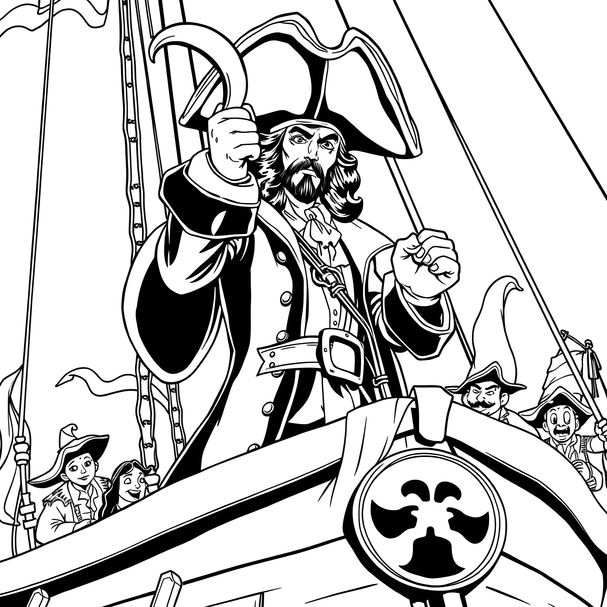 Captain Hook's Pirate Ship Adventure Coloring Page (free black-and-white line drawing printable PDF for all, from beginners to advanced learners, including children, teens, adults, and seniors)