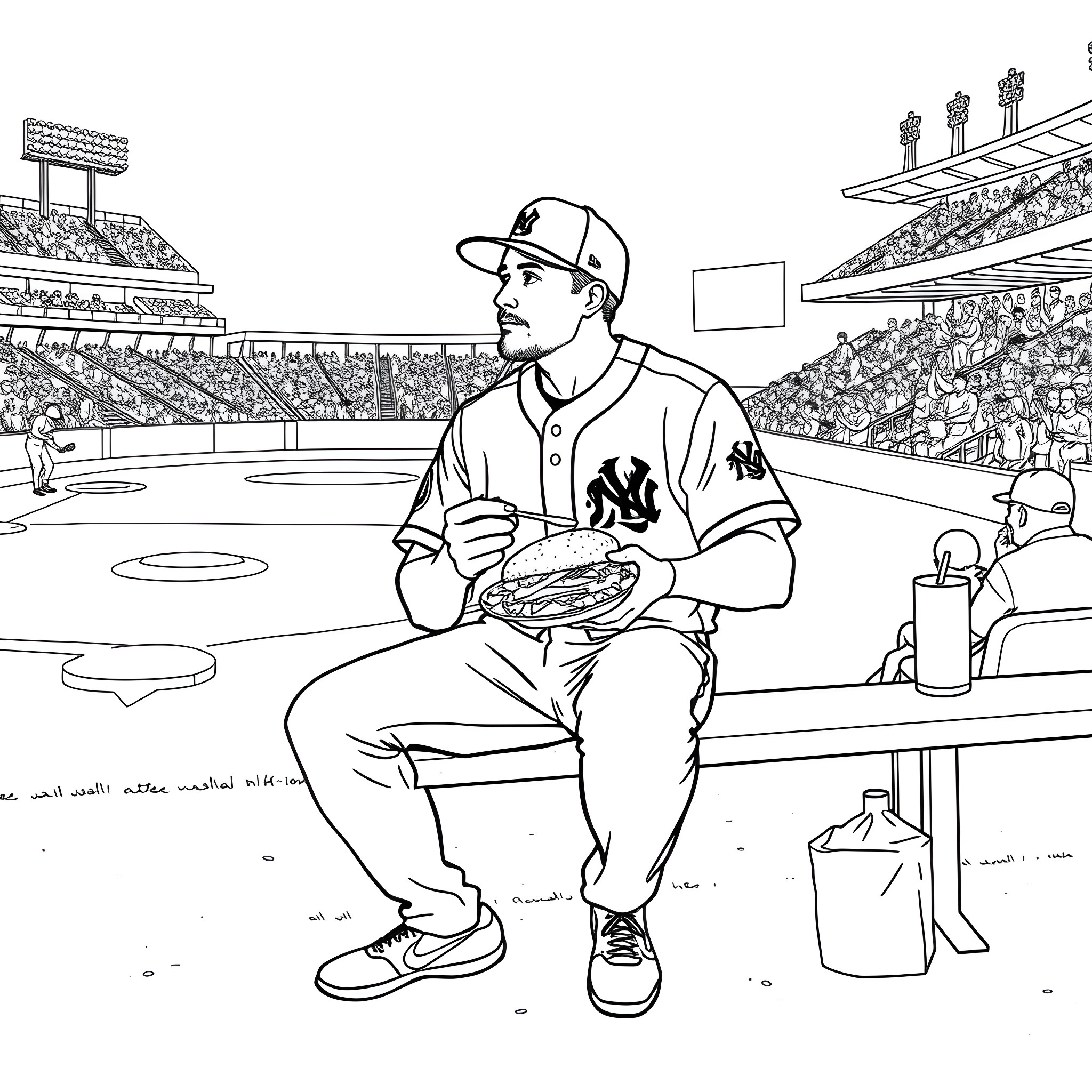 Baseball Player Sitting in Dugout During Game Coloring Page (free black-and-white line drawing printable PDF for all, from beginners to advanced learners, including children, teens, adults, and seniors)