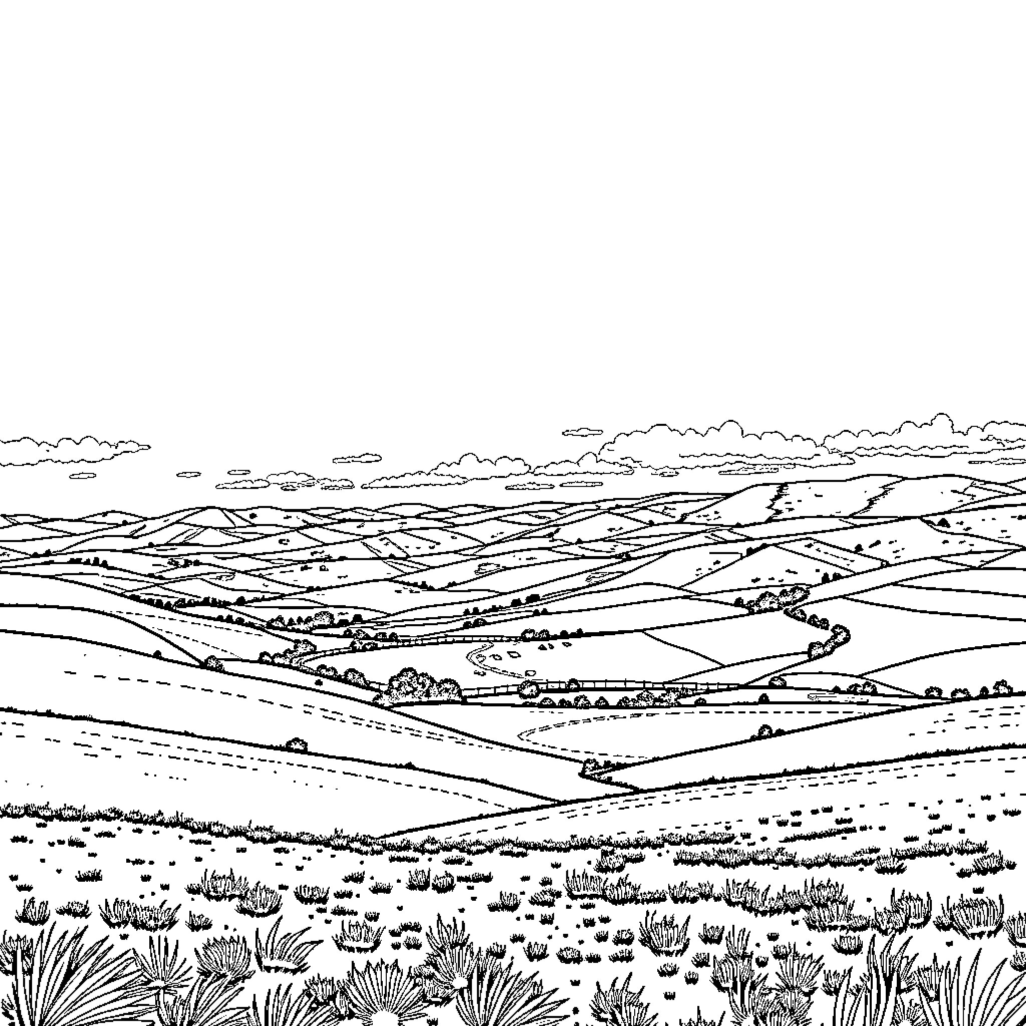Landscape of rolling hills and countryside Coloring Page (free black-and-white line drawing printable PDF for all, from beginners to advanced learners, including children, teens, adults, and seniors)