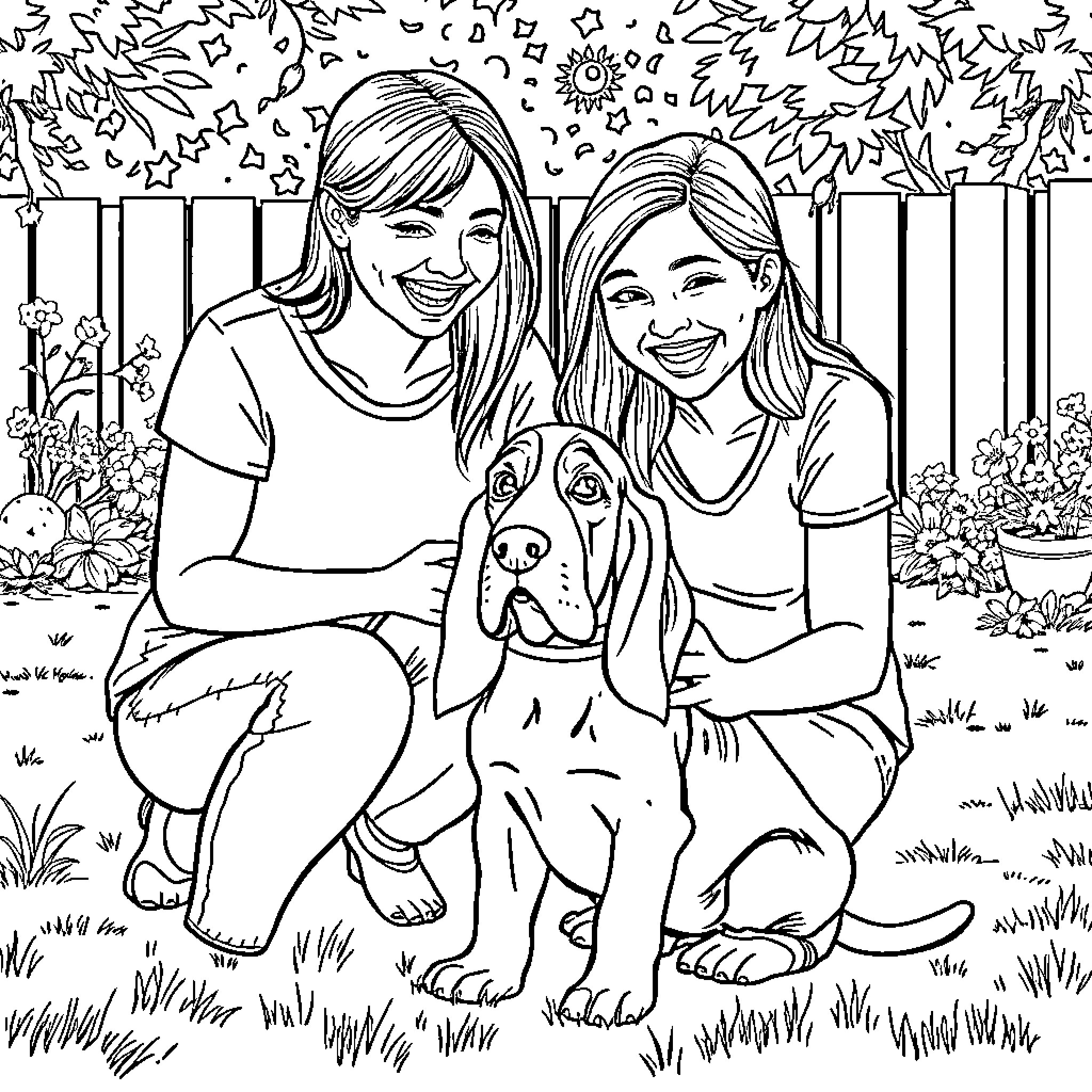 Basset Hound enjoying time with its owners Coloring Page (free black-and-white line drawing printable PDF for all, from beginners to advanced learners, including children, teens, adults, and seniors)
