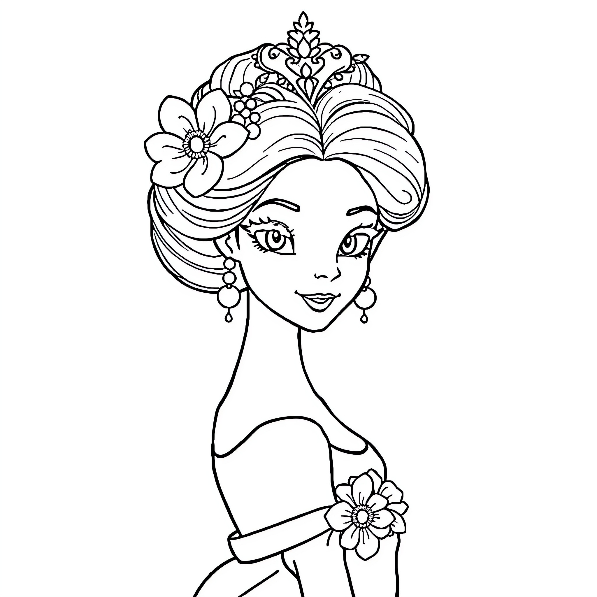 Princess with Floral Crown and Elegant Attire Coloring Page (free black-and-white line drawing printable PDF for all, from beginners to advanced learners, including children, teens, adults, and seniors)