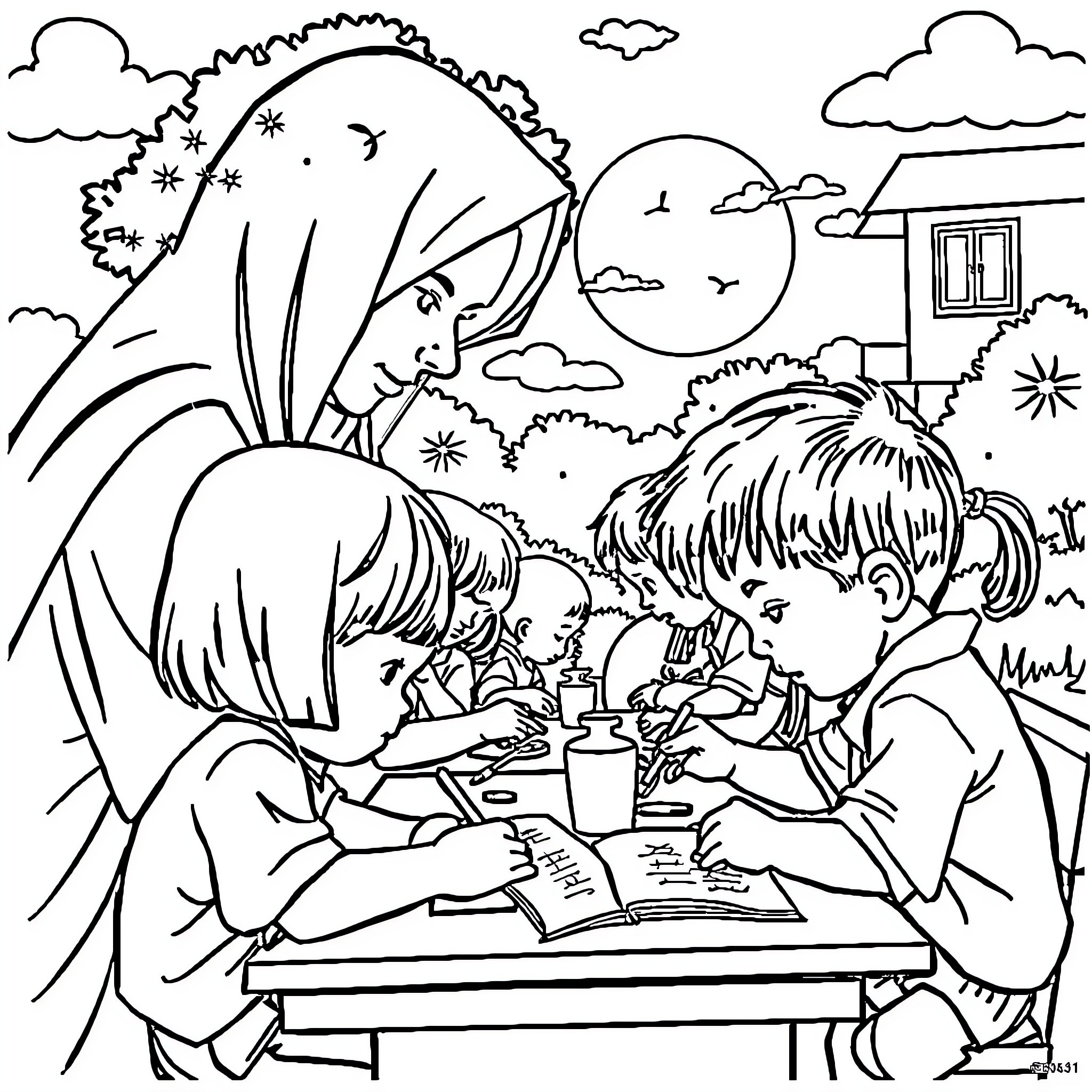School Children Studying Together in the Classroom Coloring Page (free black-and-white line drawing printable PDF for all, from beginners to advanced learners, including children, teens, adults, and seniors)