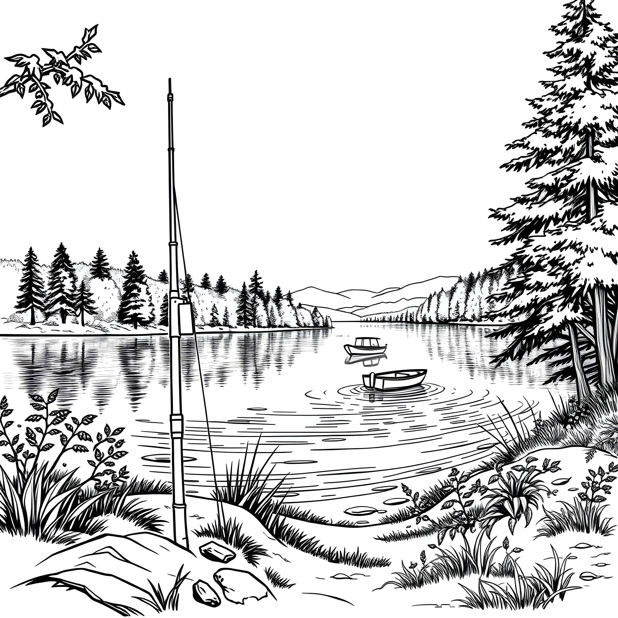 Fishing Pole by the Serene Lake Coloring Page (free black-and-white line drawing printable PDF for all, from beginners to advanced learners, including children, teens, adults, and seniors)
