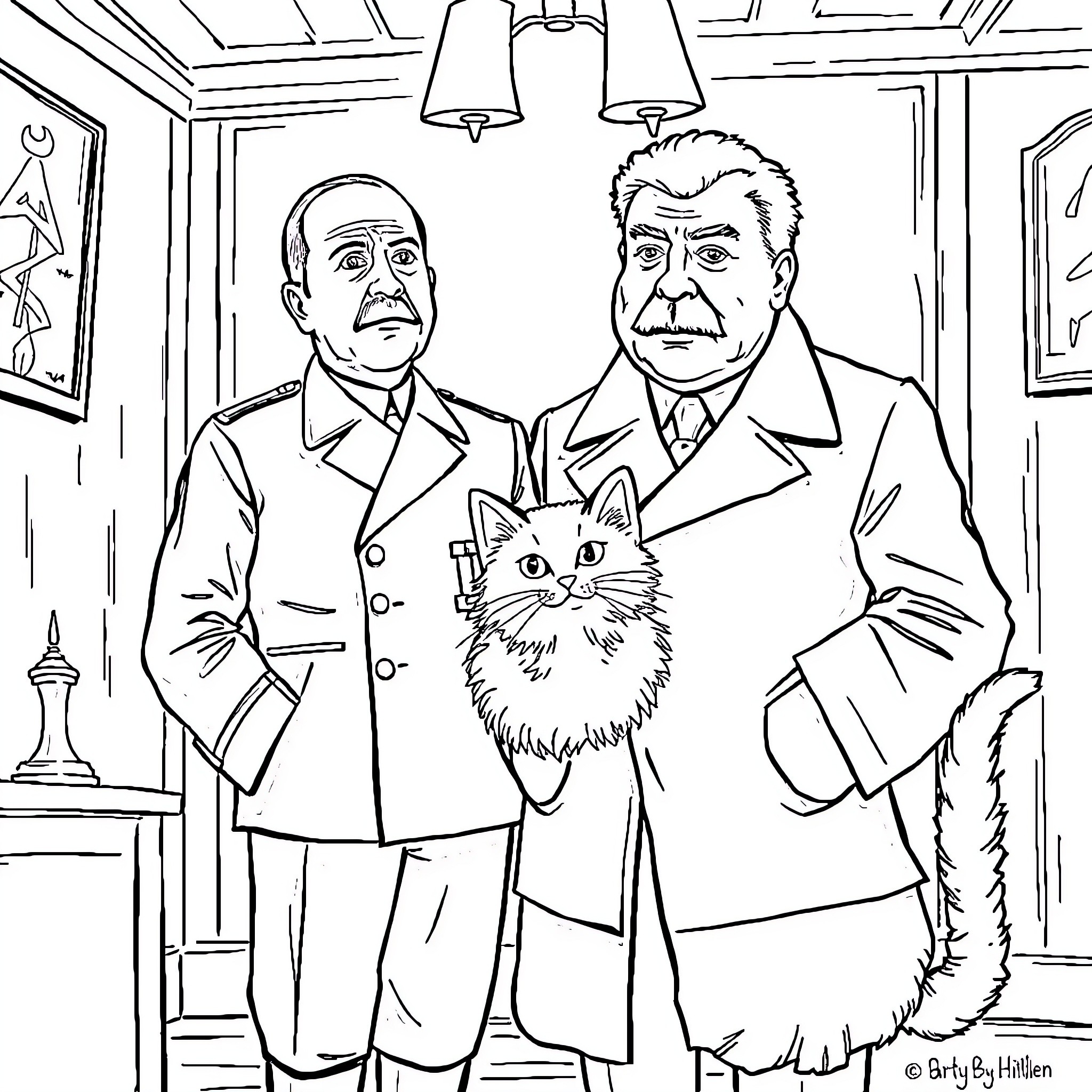 Historical Figures in Formal Attire with Pet Cat Coloring Page (free black-and-white line drawing printable PDF for all, from beginners to advanced learners, including children, teens, adults, and seniors)