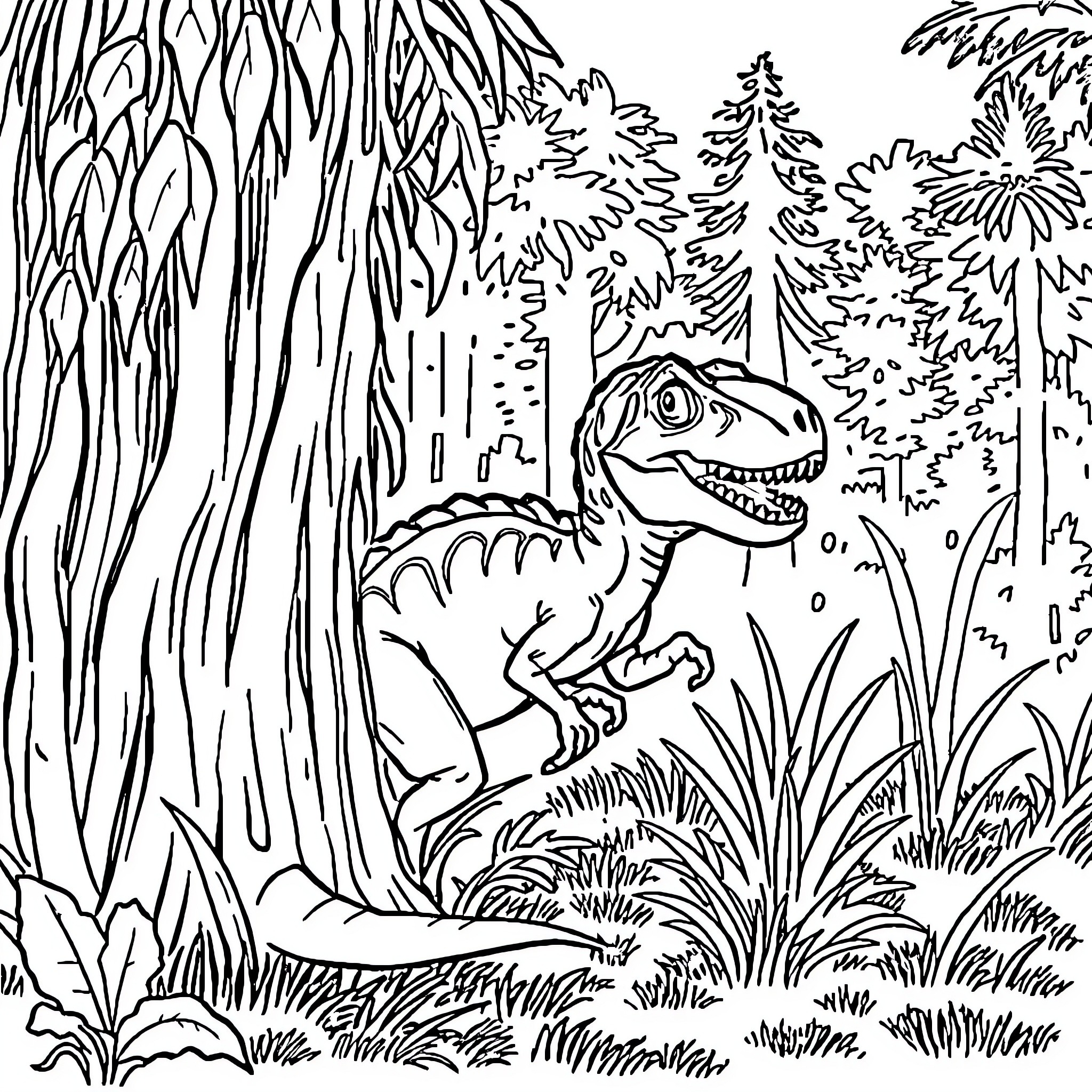 Velociraptor exploring the prehistoric forest Coloring Page (free black-and-white line drawing printable PDF for all, from beginners to advanced learners, including children, teens, adults, and seniors)