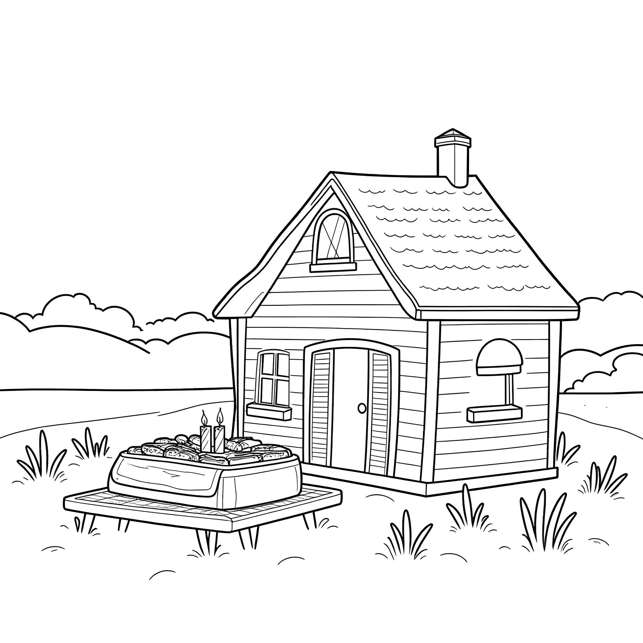 Birthday Celebration at the Cozy Cottage Coloring Page (free black-and-white line drawing printable PDF for all, from beginners to advanced learners, including children, teens, adults, and seniors)