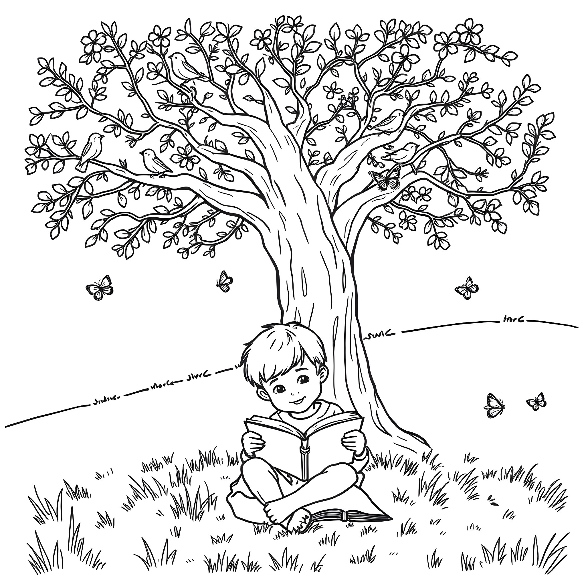 Child Reading a Book Under a Flowering Tree Coloring Page (free black-and-white line drawing printable PDF for all, from beginners to advanced learners, including children, teens, adults, and seniors)