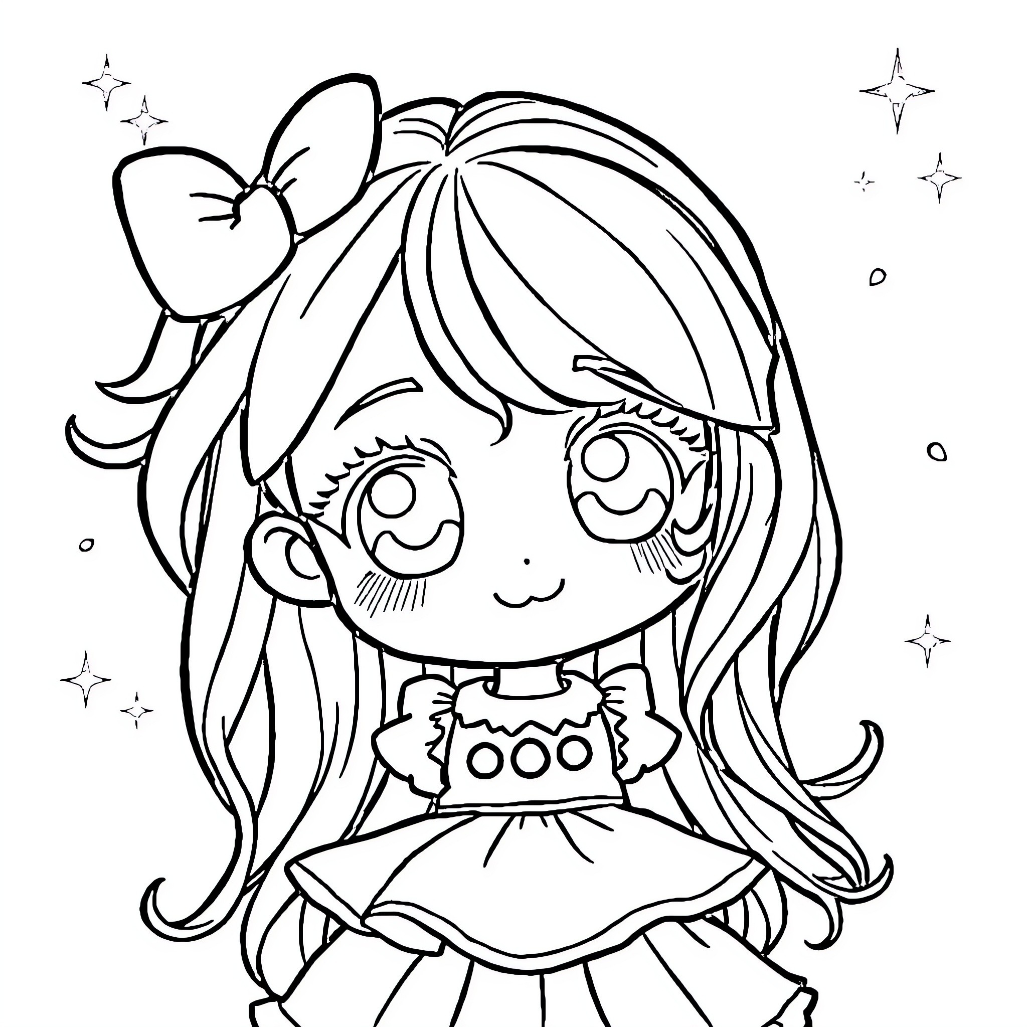 Chibi Girl with Cheerful Expression and Dress Coloring Page (free black-and-white line drawing printable PDF for all, from beginners to advanced learners, including children, teens, adults, and seniors)