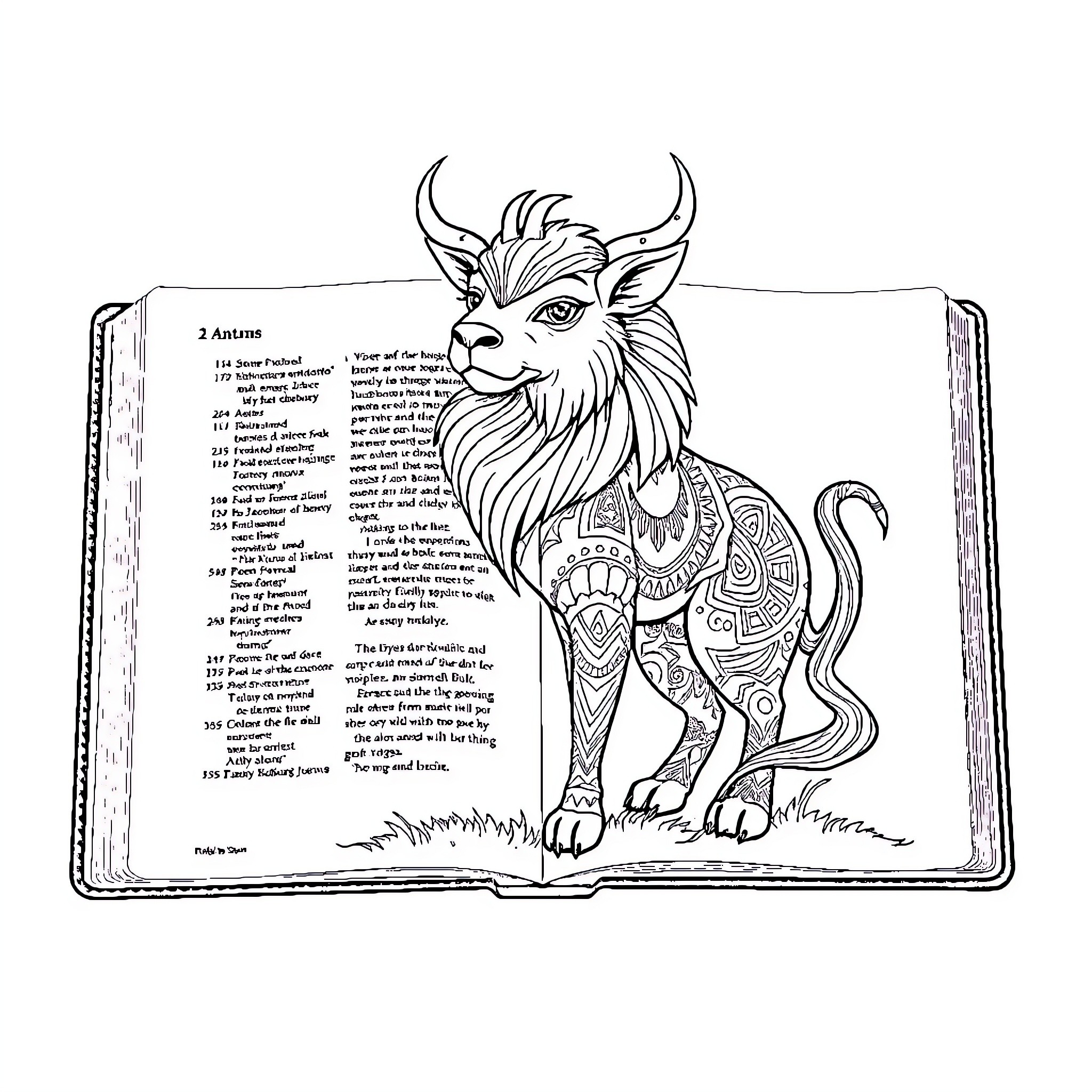 Animal with horns sitting on an open book Coloring Page (free black-and-white line drawing printable PDF for all, from beginners to advanced learners, including children, teens, adults, and seniors)