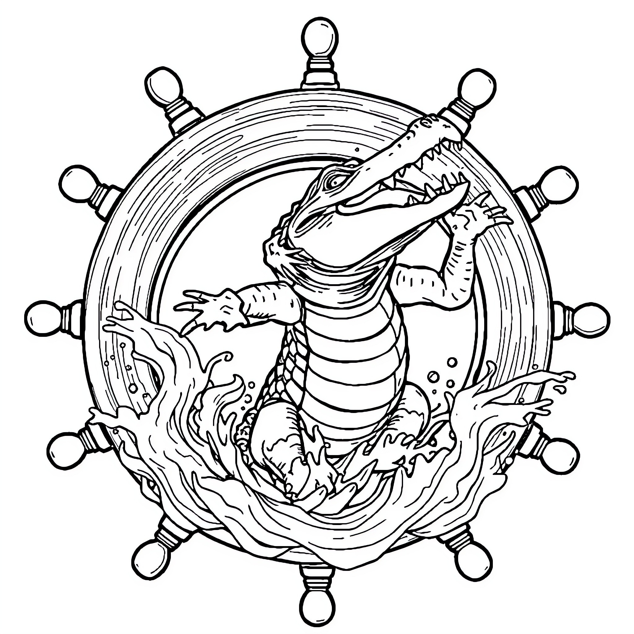 Alligator emerging from a ship's wheel Coloring Page (free black-and-white line drawing printable PDF for all, from beginners to advanced learners, including children, teens, adults, and seniors)