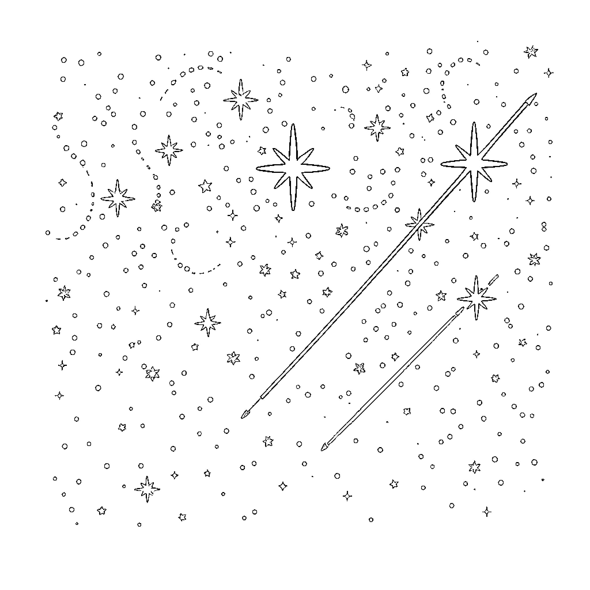 Star-filled Cosmic Expanse Coloring Page (free black-and-white line drawing printable PDF for all, from beginners to advanced learners, including children, teens, adults, and seniors)