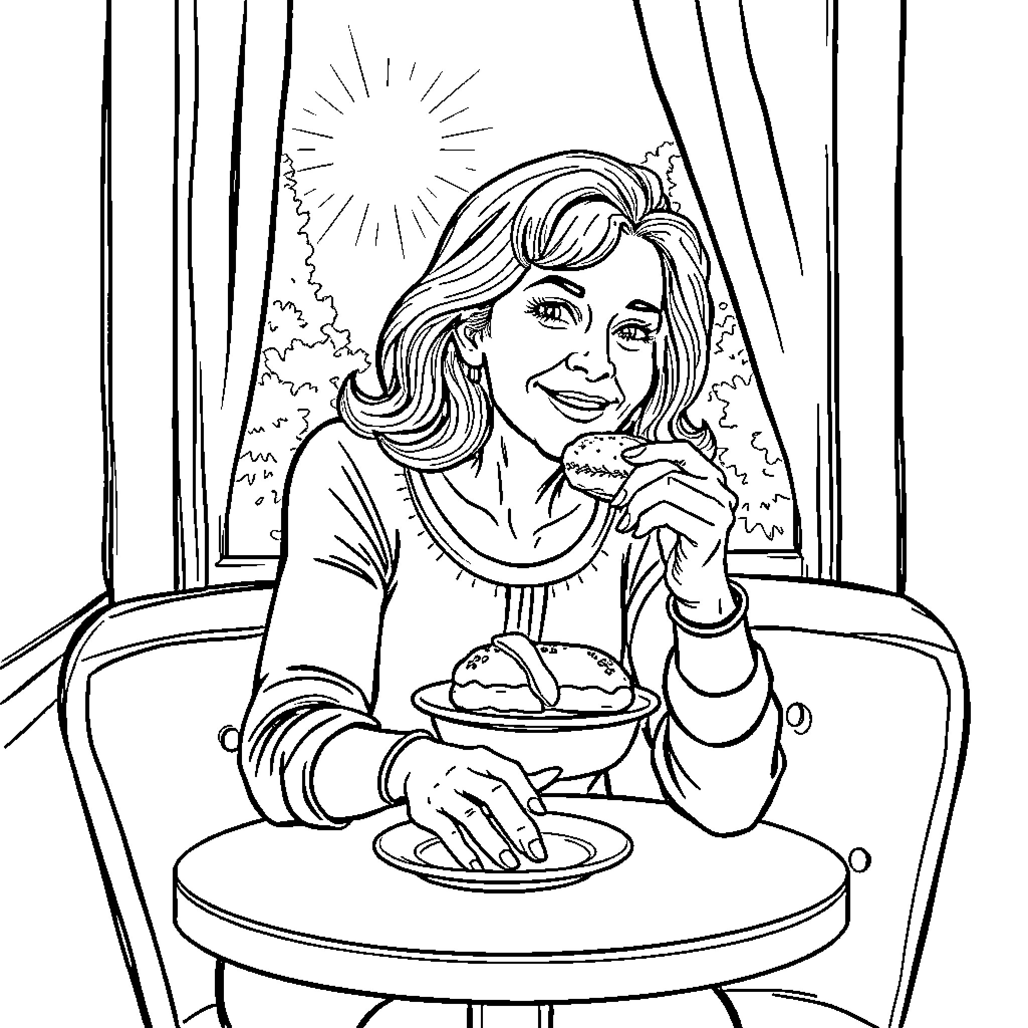 Woman enjoying a meal at an indoor cafe Coloring Page (free black-and-white line drawing printable PDF for all, from beginners to advanced learners, including children, teens, adults, and seniors)