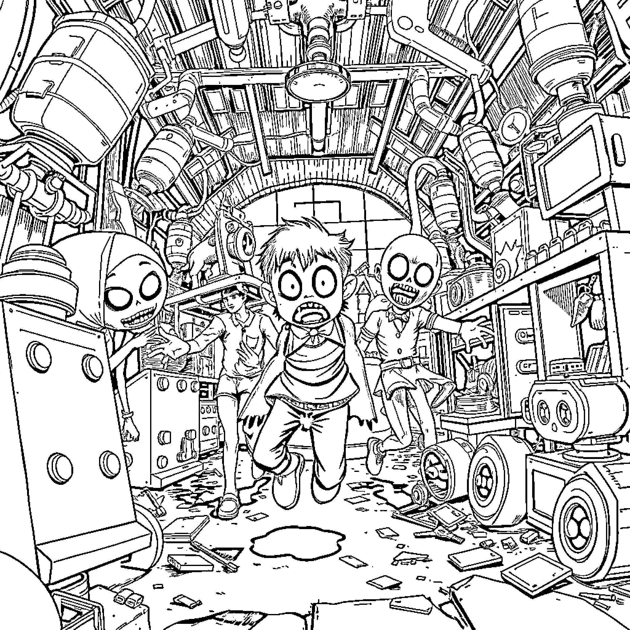 Character navigating cluttered and chaotic sci-fi scene Coloring Page (free black-and-white line drawing printable PDF for all, from beginners to advanced learners, including children, teens, adults, and seniors)