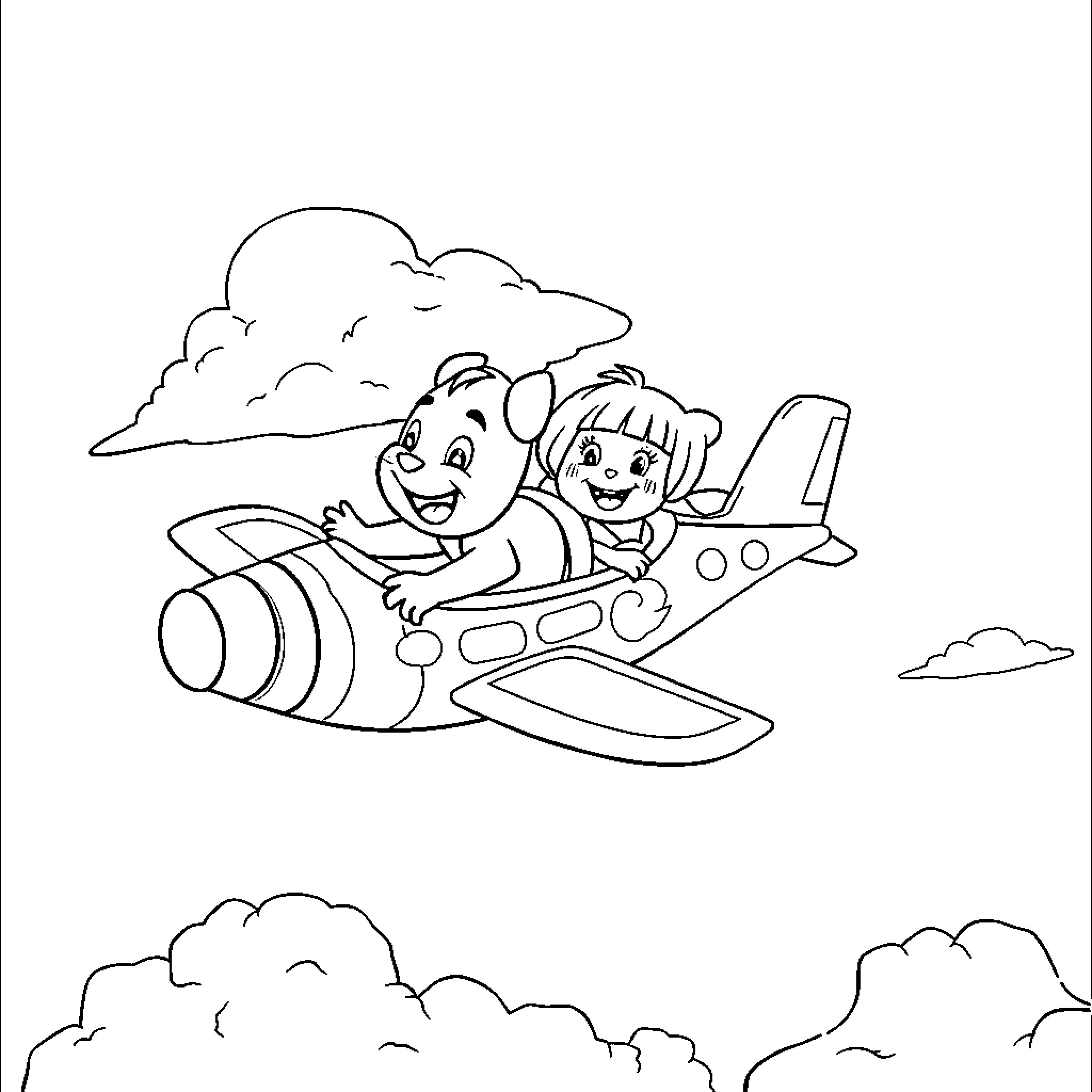 Bluey and friend fly an airplane through the clouds Coloring Page (free black-and-white line drawing printable PDF for all, from beginners to advanced learners, including children, teens, adults, and seniors)