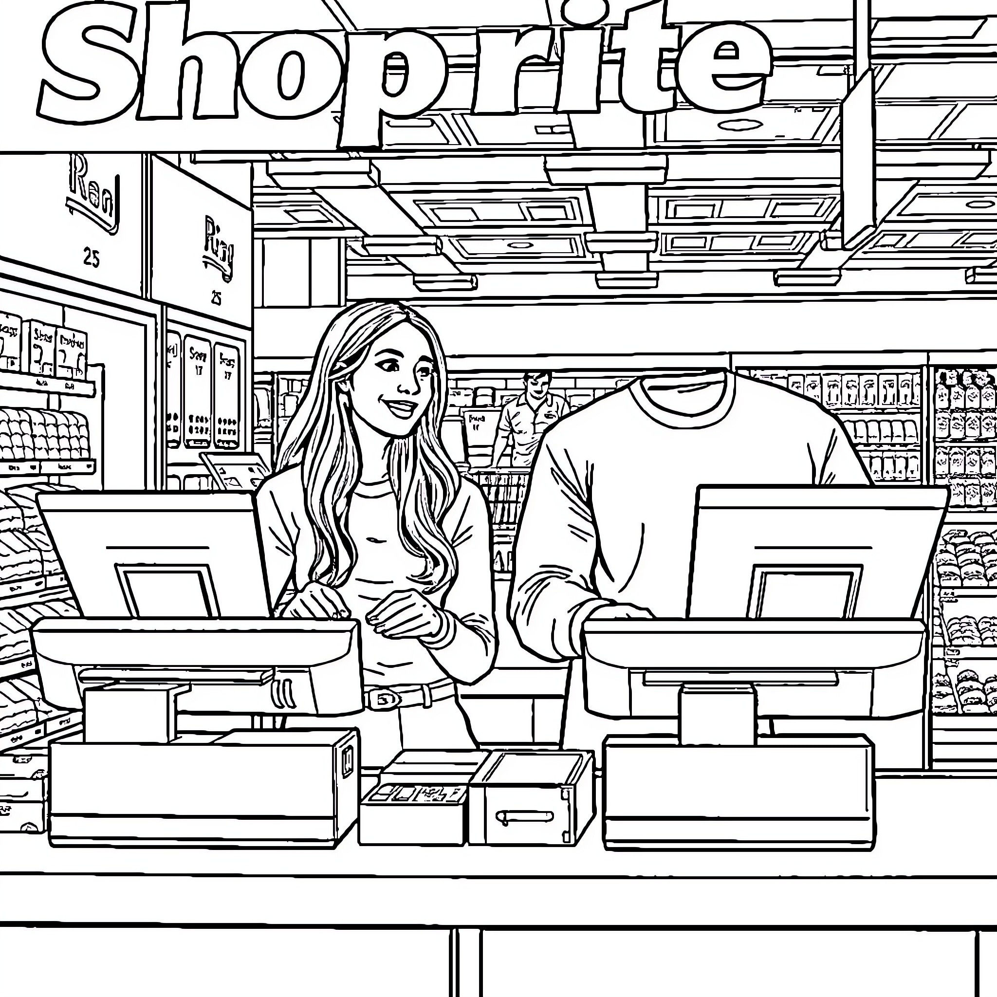 Couple shopping at the store Coloring Page (free black-and-white line drawing printable PDF for all, from beginners to advanced learners, including children, teens, adults, and seniors)