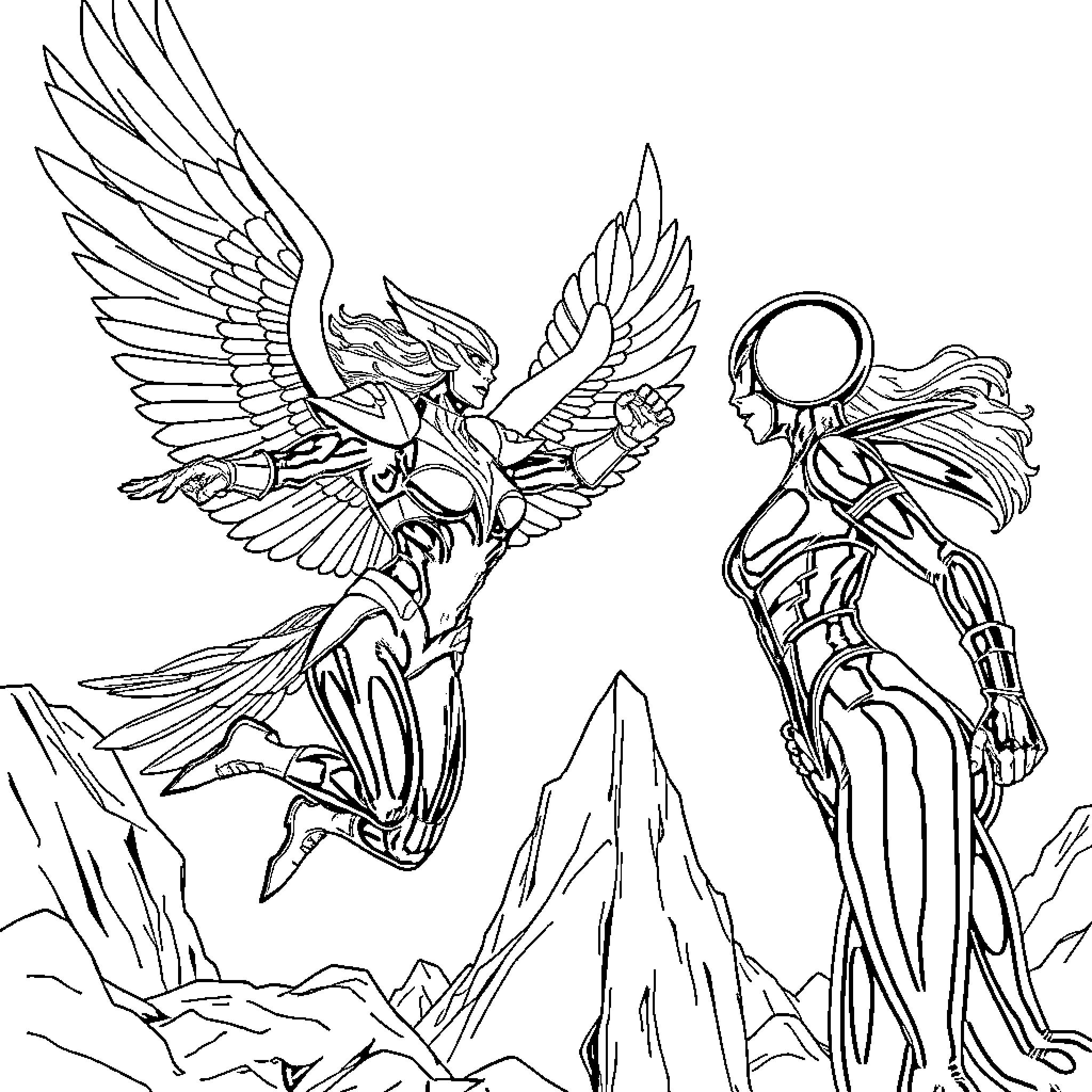 Hawkwoman soaring over mountainous landscape Coloring Page (free black-and-white line drawing printable PDF for all, from beginners to advanced learners, including children, teens, adults, and seniors)