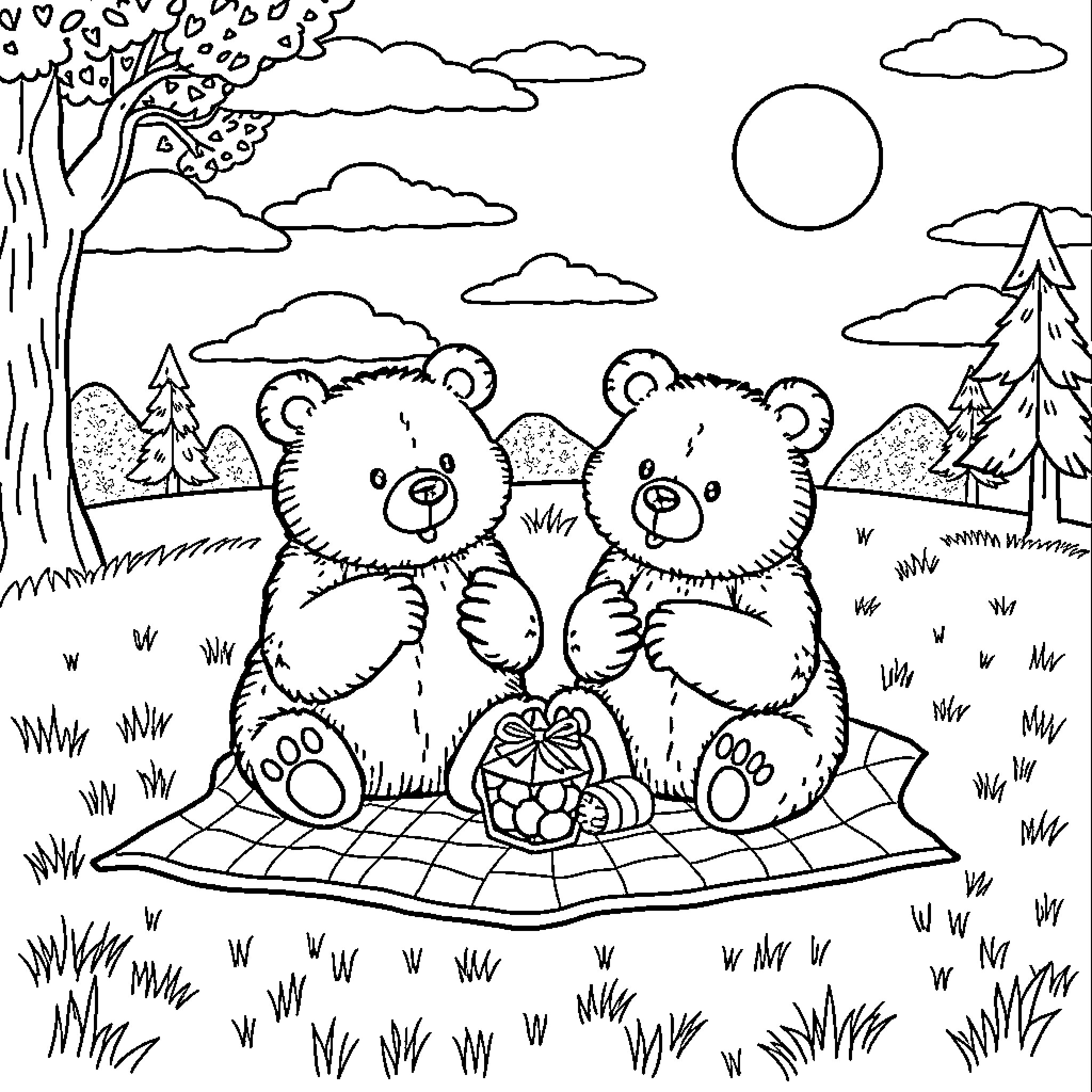 Bear friends enjoying a picnic in the park Coloring Page (free black-and-white line drawing printable PDF for all, from beginners to advanced learners, including children, teens, adults, and seniors)