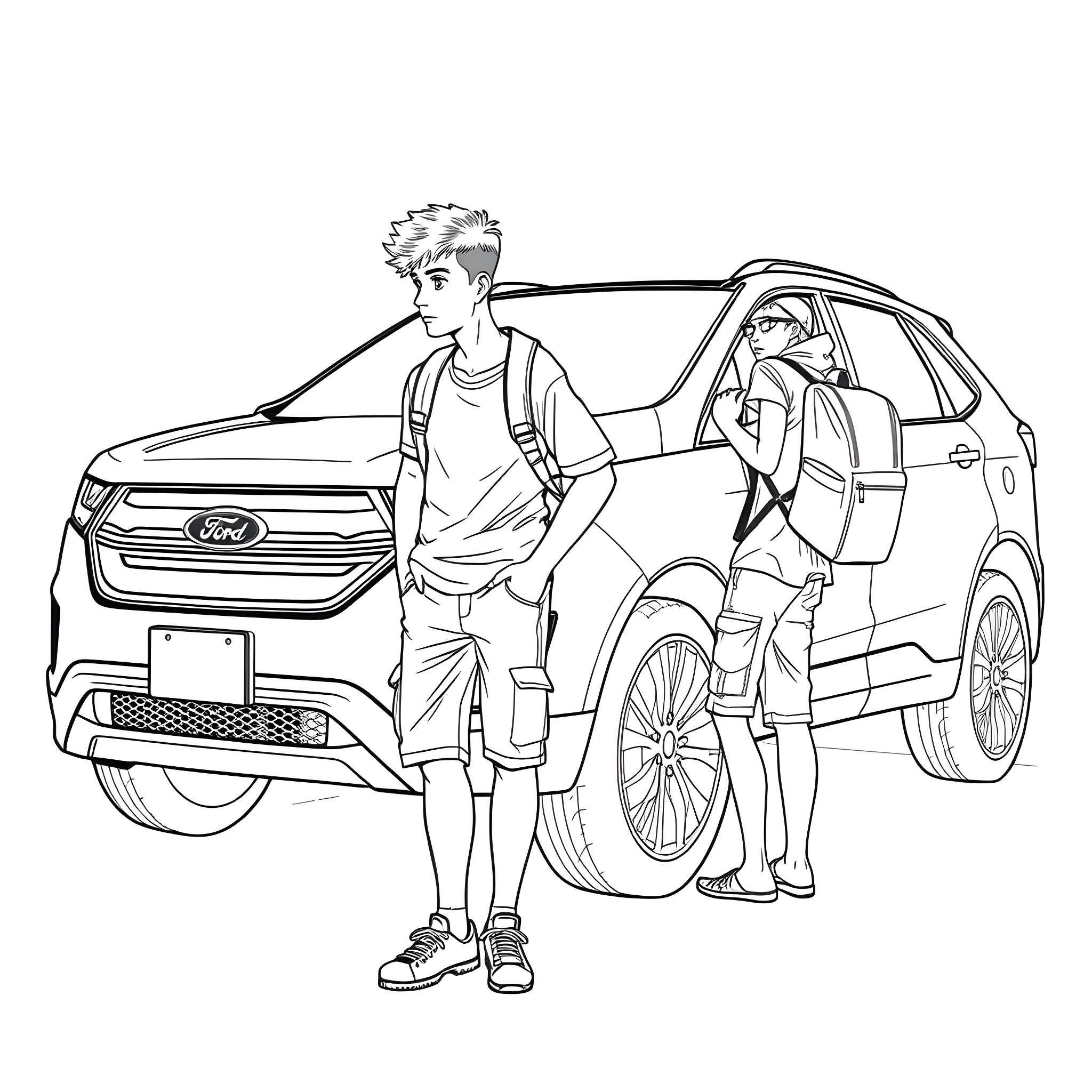 Teen Guy with Backpack and car Coloring Page (free black-and-white line drawing printable PDF for all, from beginners to advanced learners, including children, teens, adults, and seniors)