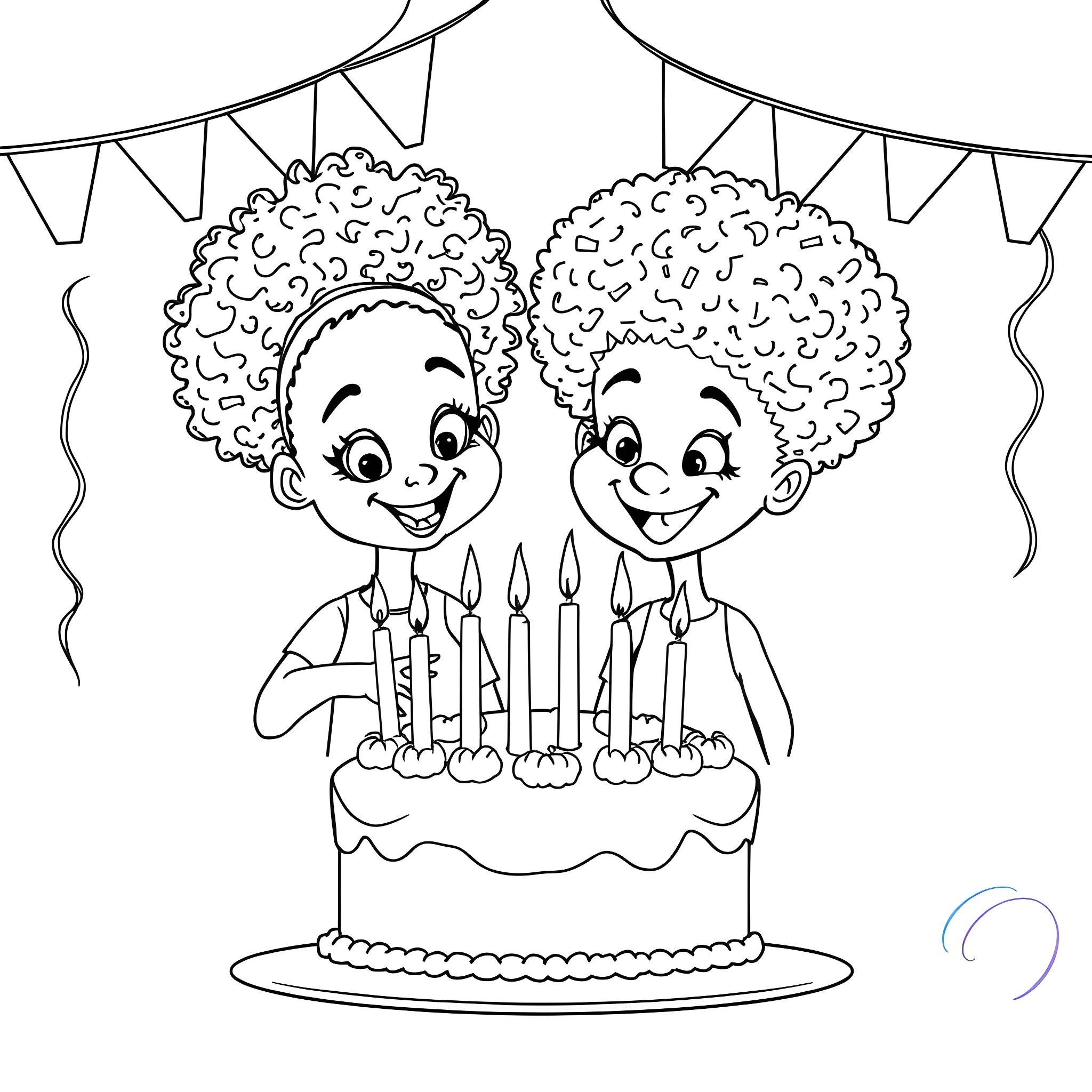 Cake Celebration with Cheerful Children Coloring Page (free black-and-white line drawing printable PDF for all, from beginners to advanced learners, including children, teens, adults, and seniors)