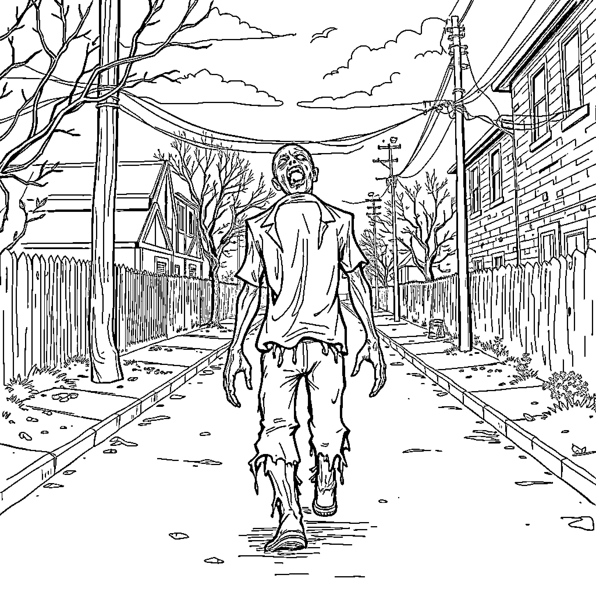 Zombie walking down a desolate neighborhood street Coloring Page (free black-and-white line drawing printable PDF for all, from beginners to advanced learners, including children, teens, adults, and seniors)