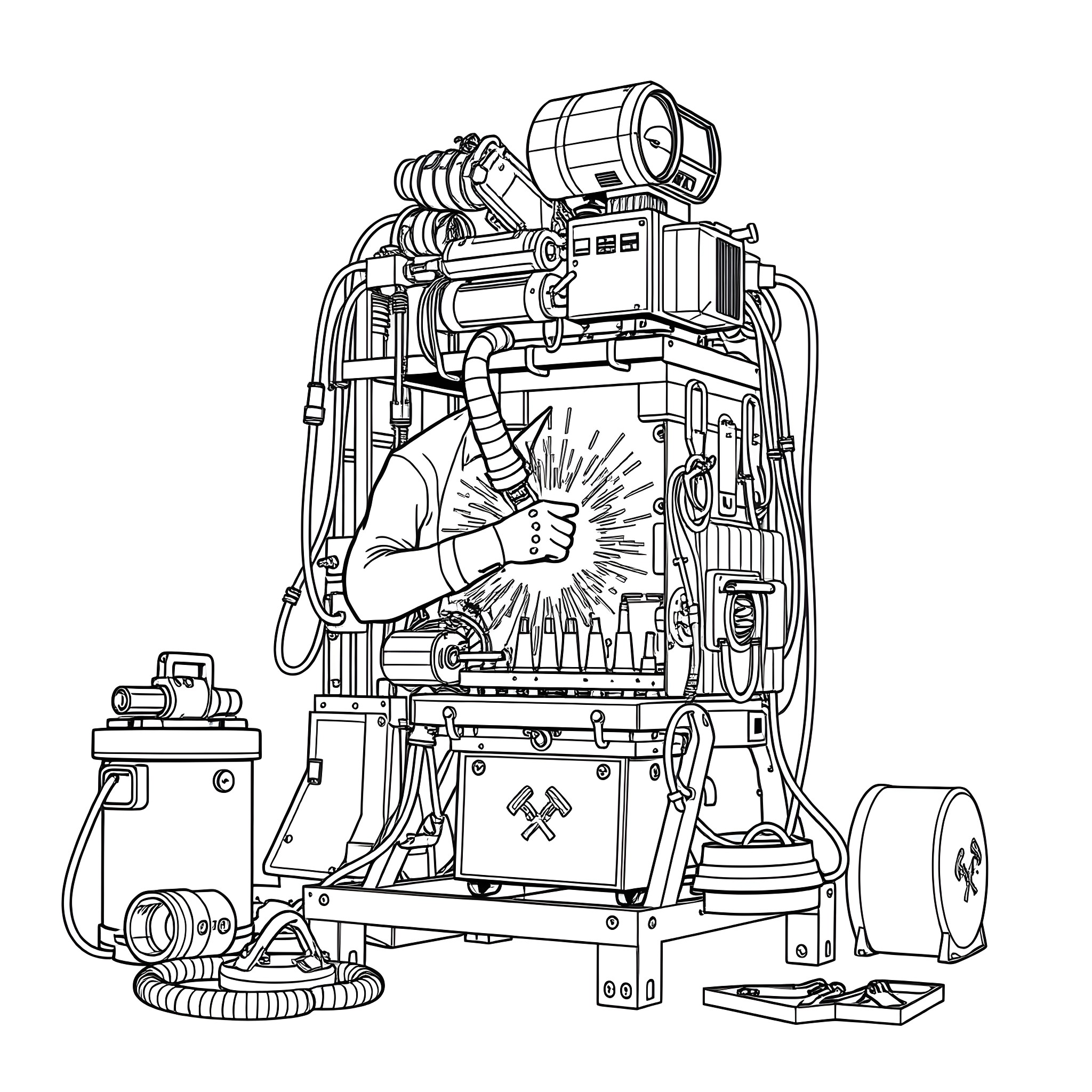 Welding Rig with Operator at Work Coloring Page (free black-and-white line drawing printable PDF for all, from beginners to advanced learners, including children, teens, adults, and seniors)