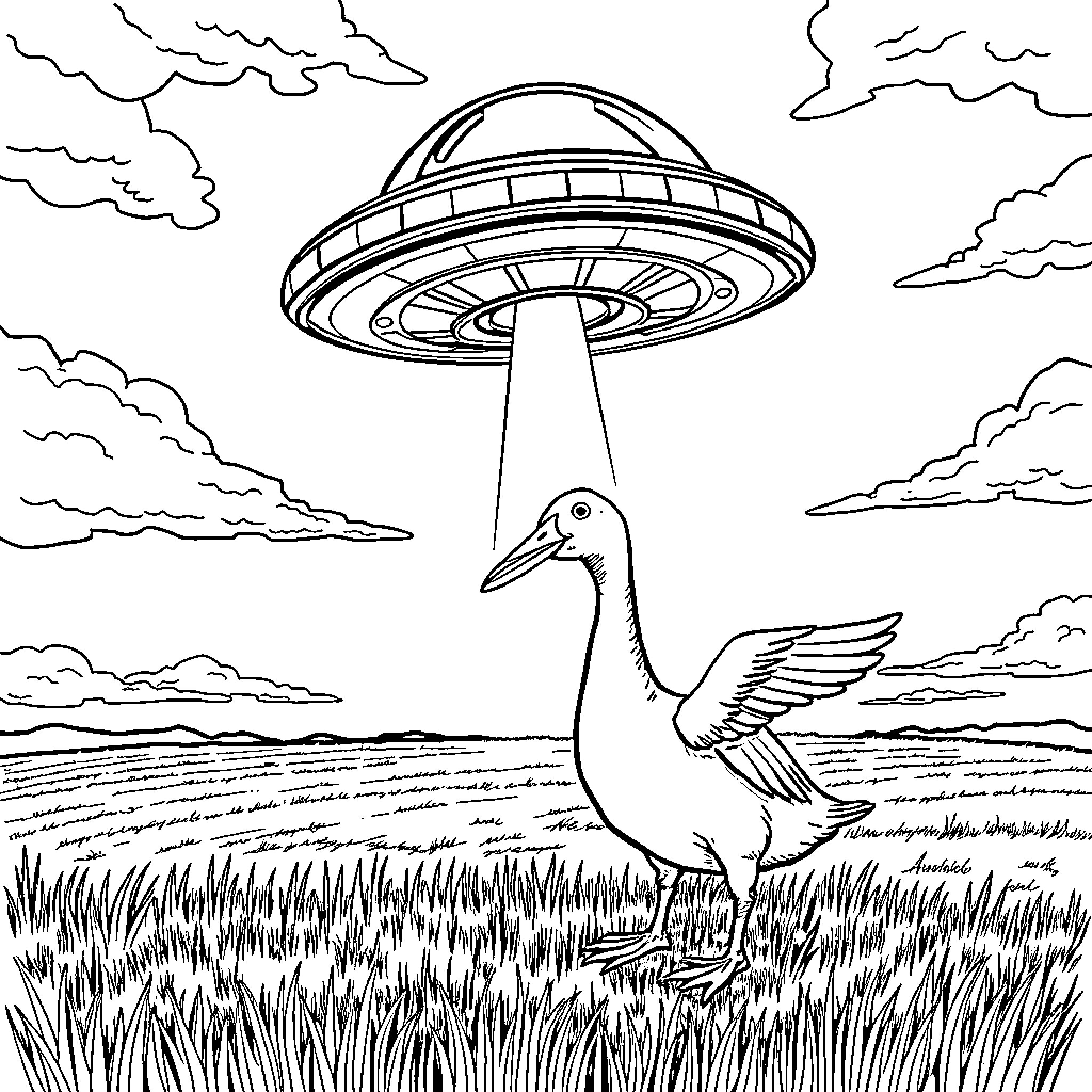 Goose observing mysterious aerial craft in field Coloring Page (free black-and-white line drawing printable PDF for all, from beginners to advanced learners, including children, teens, adults, and seniors)