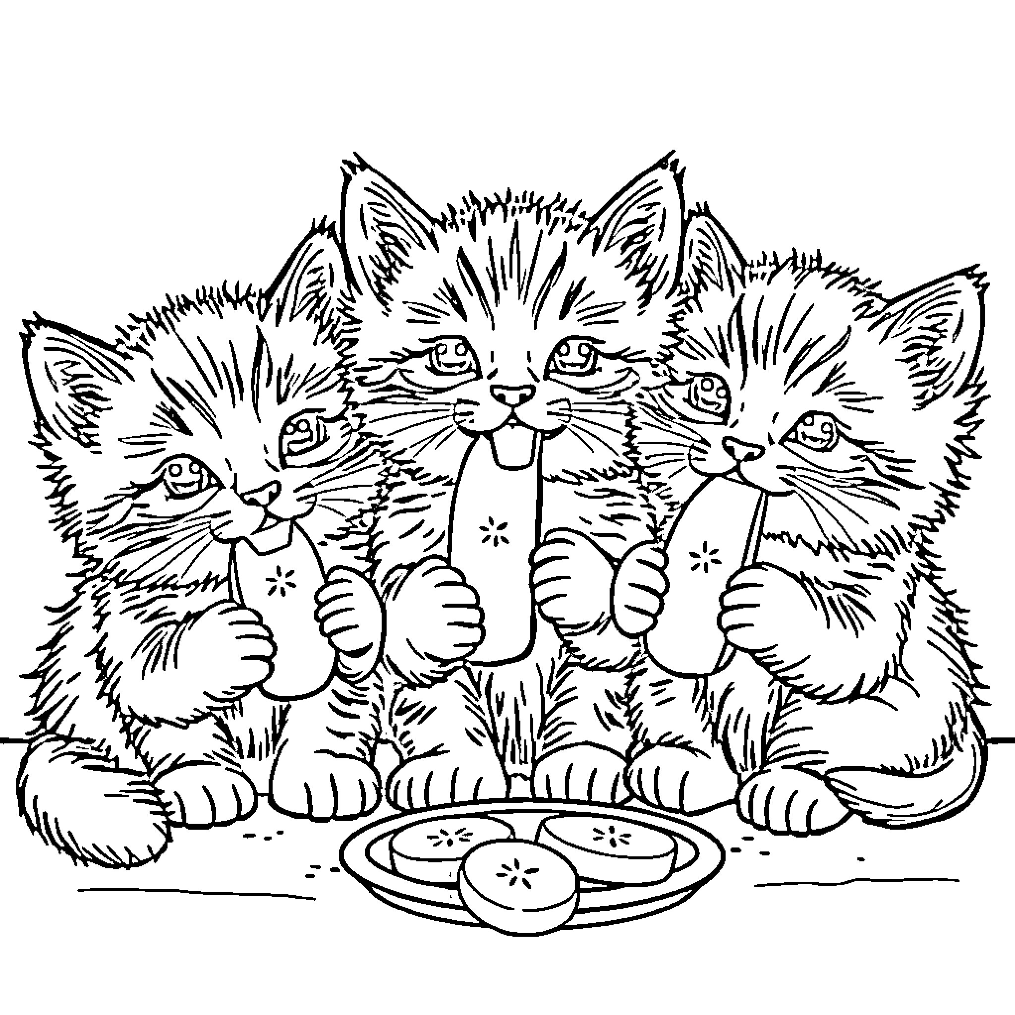 Kitten trio exploring a plate of treats Coloring Page (free black-and-white line drawing printable PDF for all, from beginners to advanced learners, including children, teens, adults, and seniors)