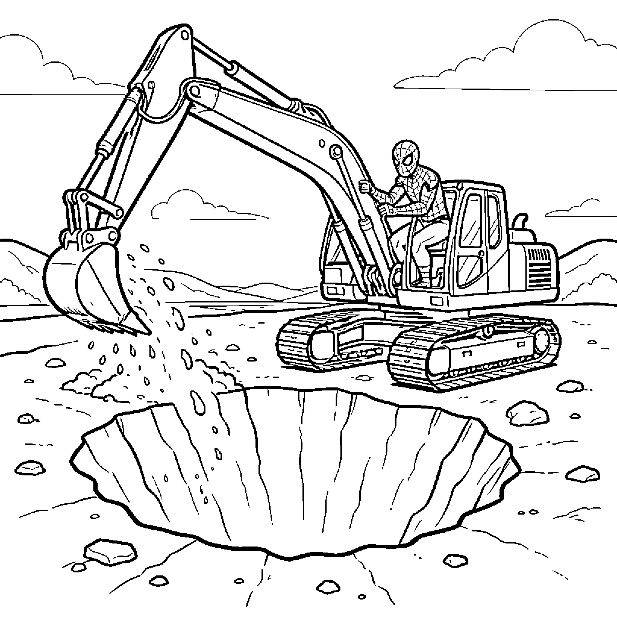 Spiderman operating an excavator near a large hole Coloring Page (free black-and-white line drawing printable PDF for all, from beginners to advanced learners, including children, teens, adults, and seniors)