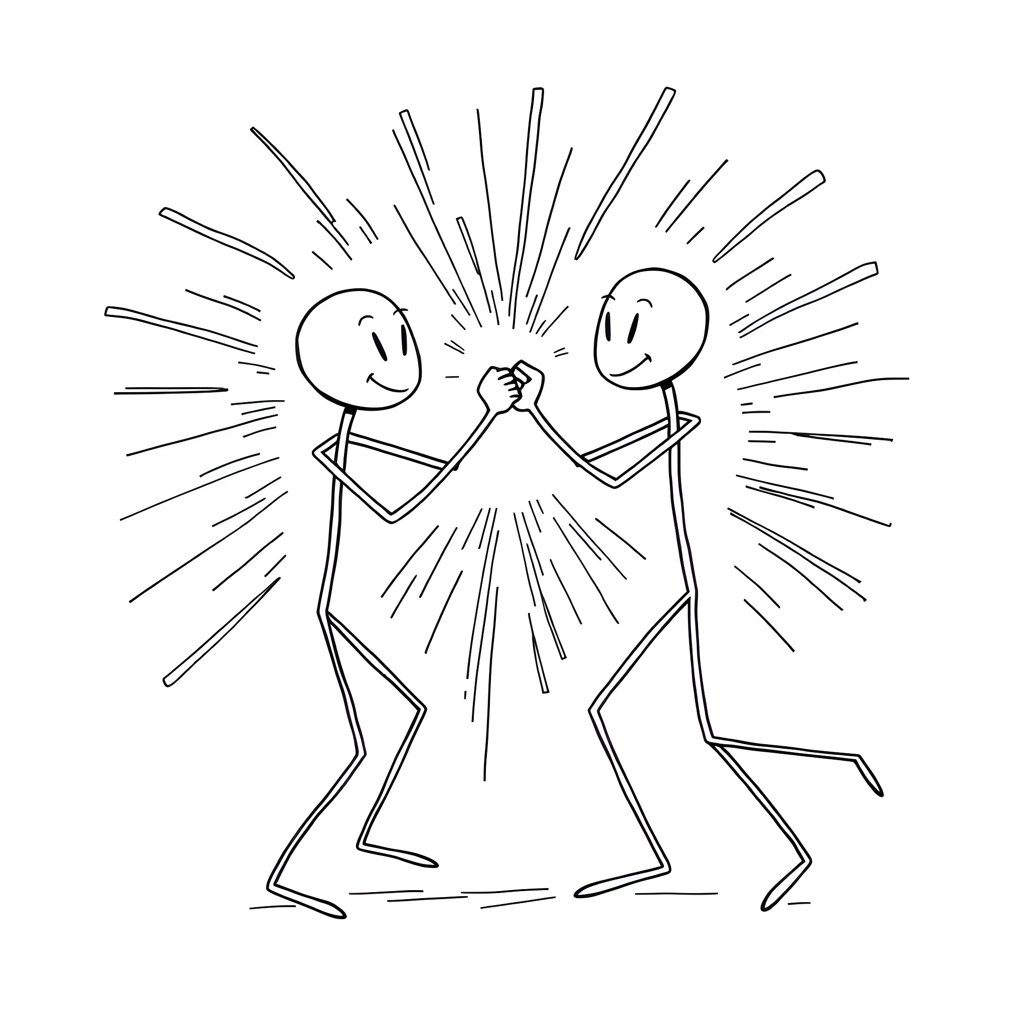 Stick Figure Friends Celebrating Joyfully Coloring Page (free black-and-white line drawing printable PDF for all, from beginners to advanced learners, including children, teens, adults, and seniors)