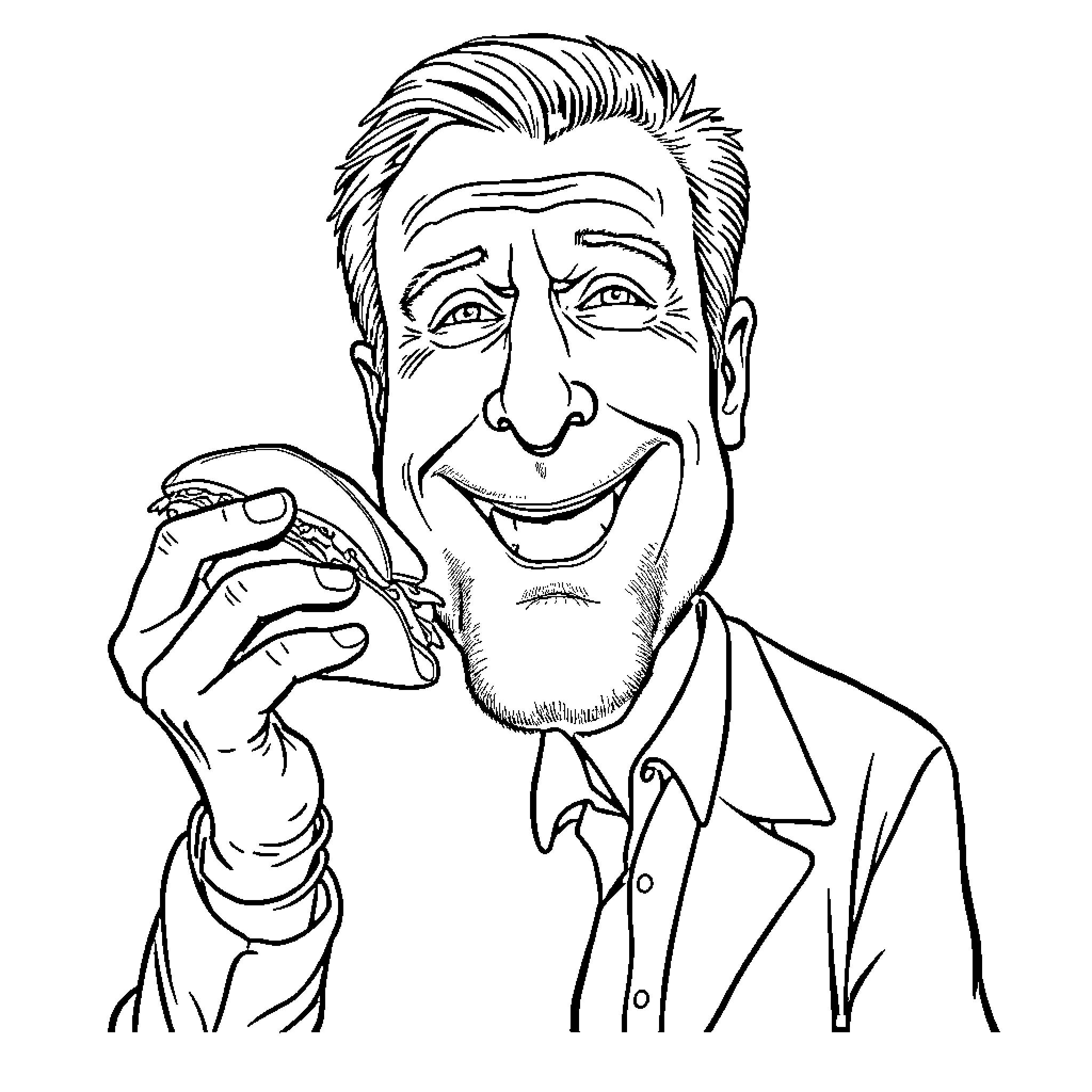 Liam Neeson in a playful, animated expression Coloring Page (free black-and-white line drawing printable PDF for all, from beginners to advanced learners, including children, teens, adults, and seniors)