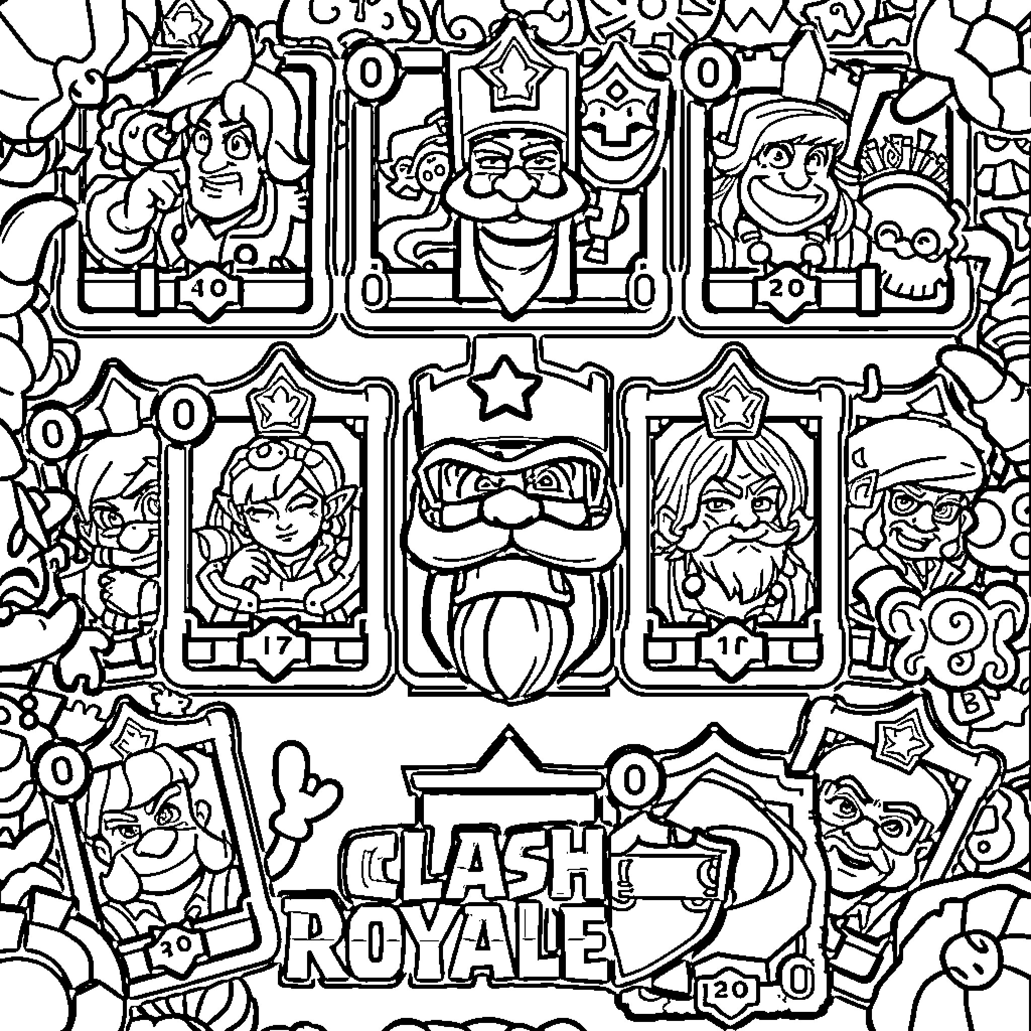 Clash Royale Cards Showcasing Diverse Characters and Expressions Coloring Page (free black-and-white line drawing printable PDF for all, from beginners to advanced learners, including children, teens, adults, and seniors)