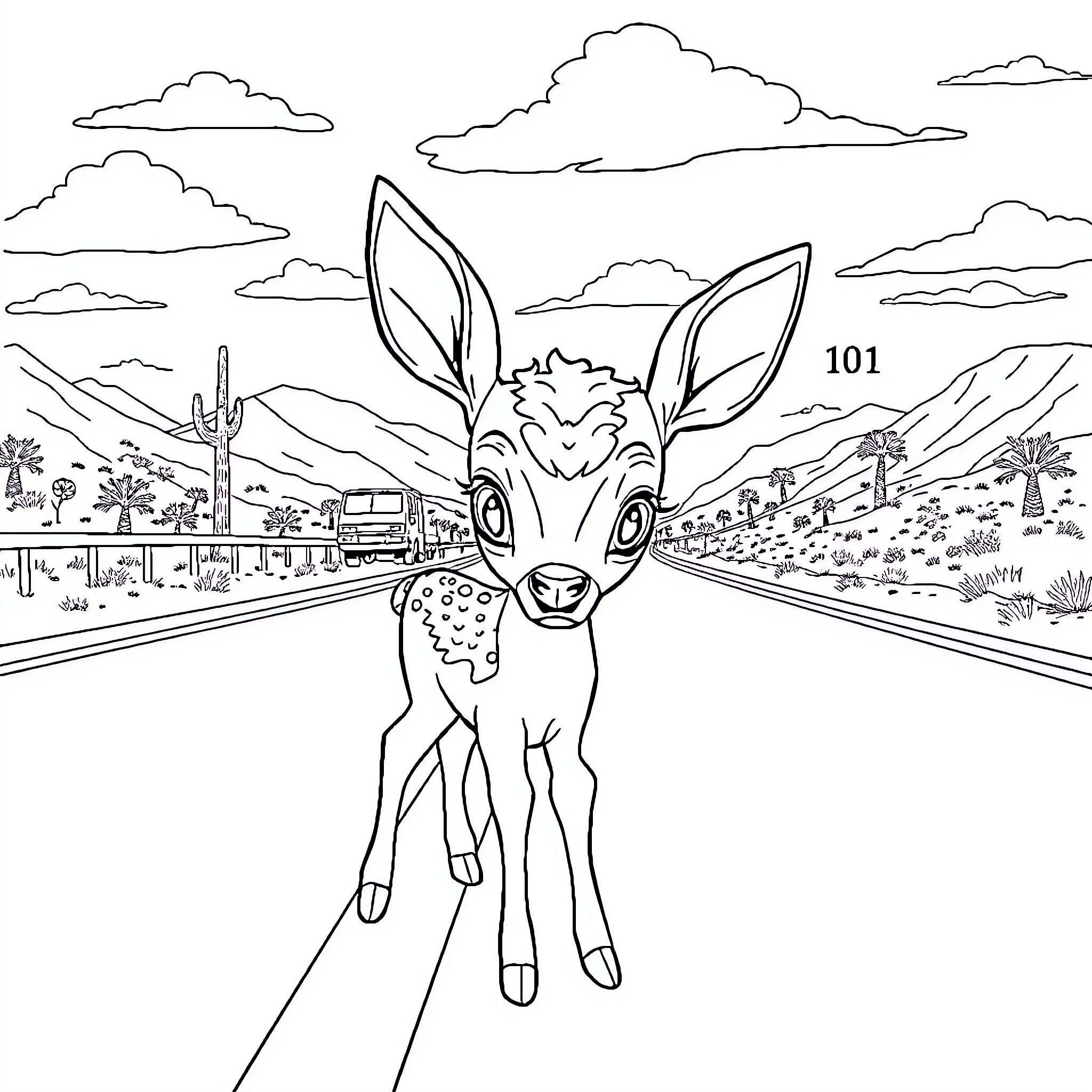 Deer exploring the desert landscape Coloring Page (free black-and-white line drawing printable PDF for all, from beginners to advanced learners, including children, teens, adults, and seniors)