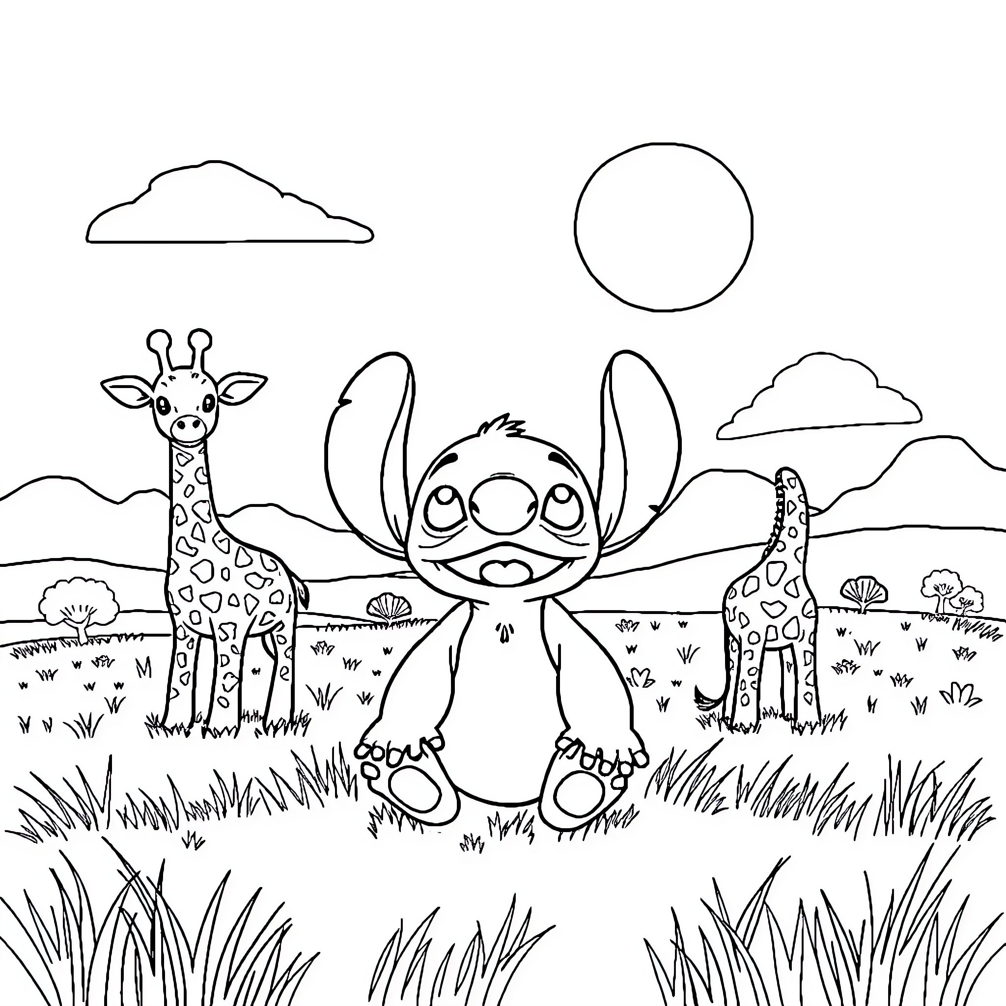 Stitch enjoying nature with giraffe friends Coloring Page (free black-and-white line drawing printable PDF for all, from beginners to advanced learners, including children, teens, adults, and seniors)