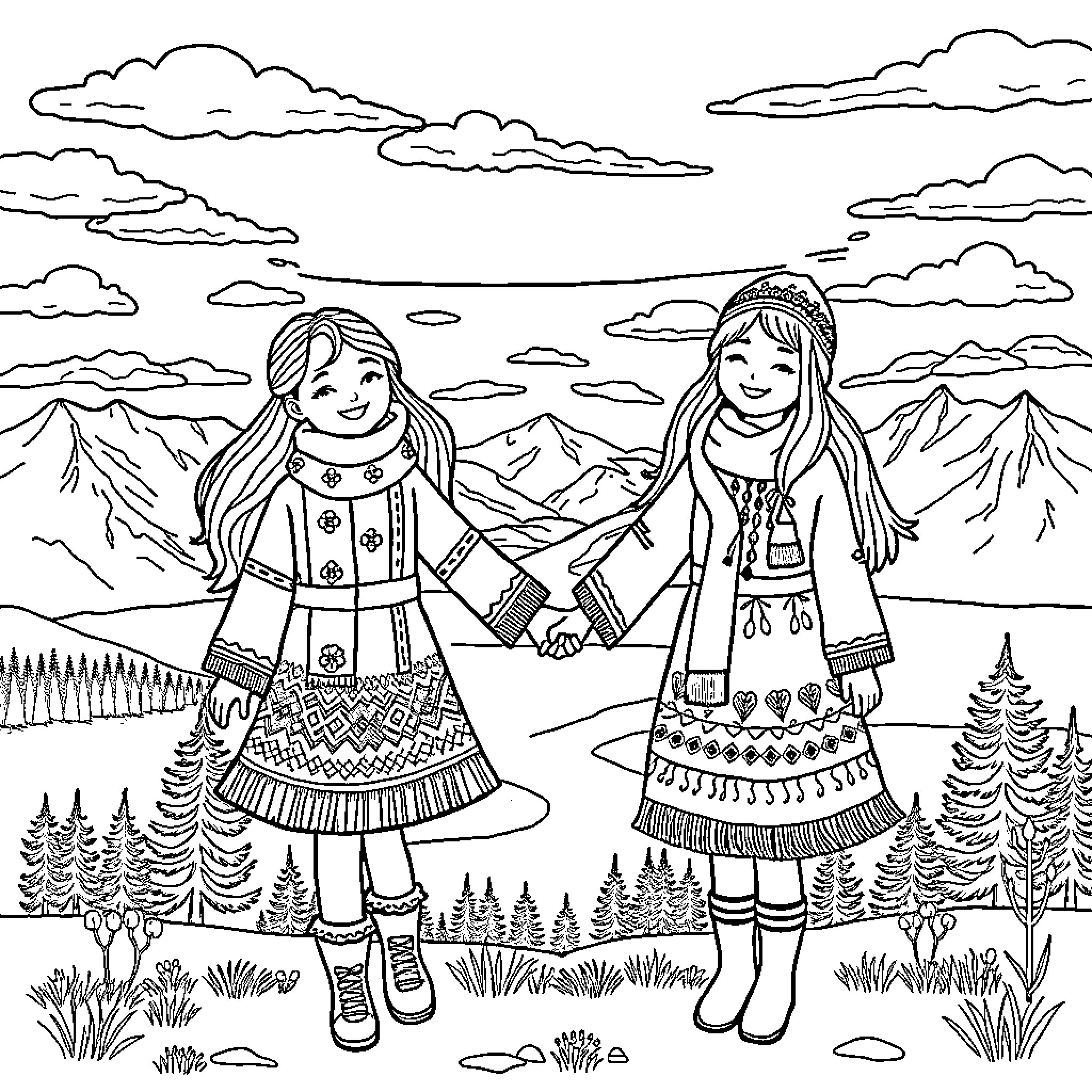 Girls in traditional outfits exploring the mountains Coloring Page (free black-and-white line drawing printable PDF for all, from beginners to advanced learners, including children, teens, adults, and seniors)