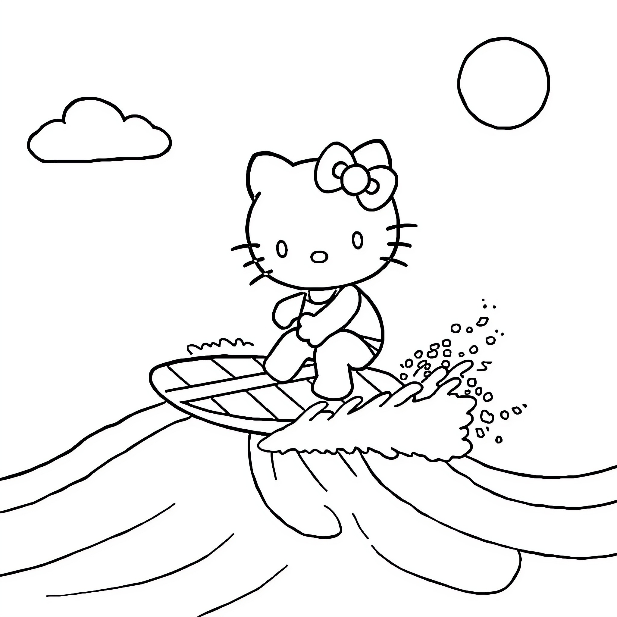 Hello Kitty surfing in the ocean Coloring Page (free black-and-white line drawing printable PDF for all, from beginners to advanced learners, including children, teens, adults, and seniors)