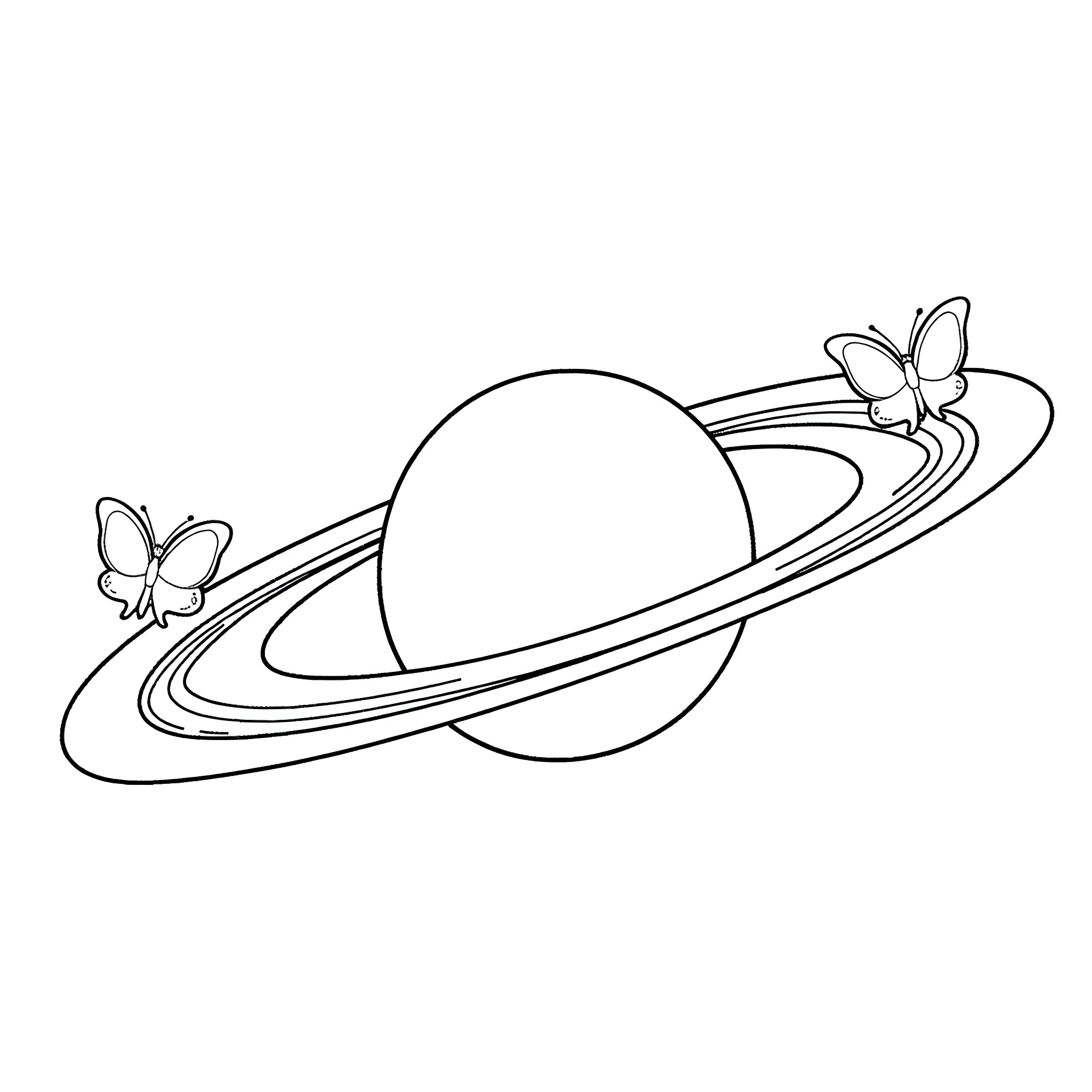 Saturn surrounded by butterflies in orbit Coloring Page (free black-and-white line drawing printable PDF for all, from beginners to advanced learners, including children, teens, adults, and seniors)