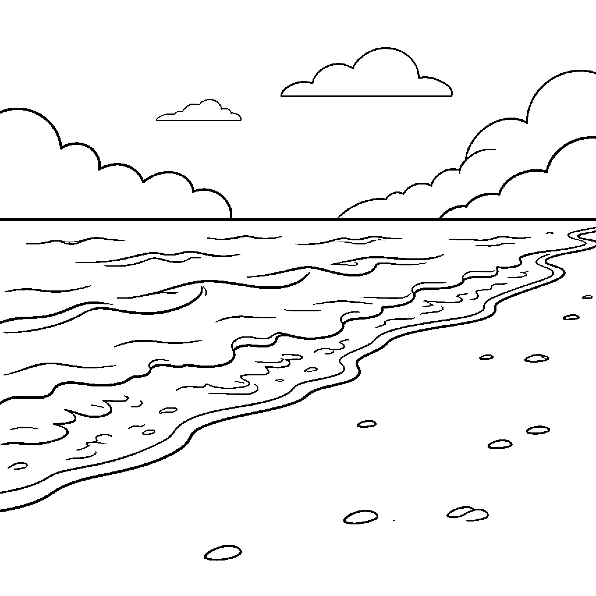 Beach landscape with cloudy sky and waves Coloring Page (free black-and-white line drawing printable PDF for all, from beginners to advanced learners, including children, teens, adults, and seniors)