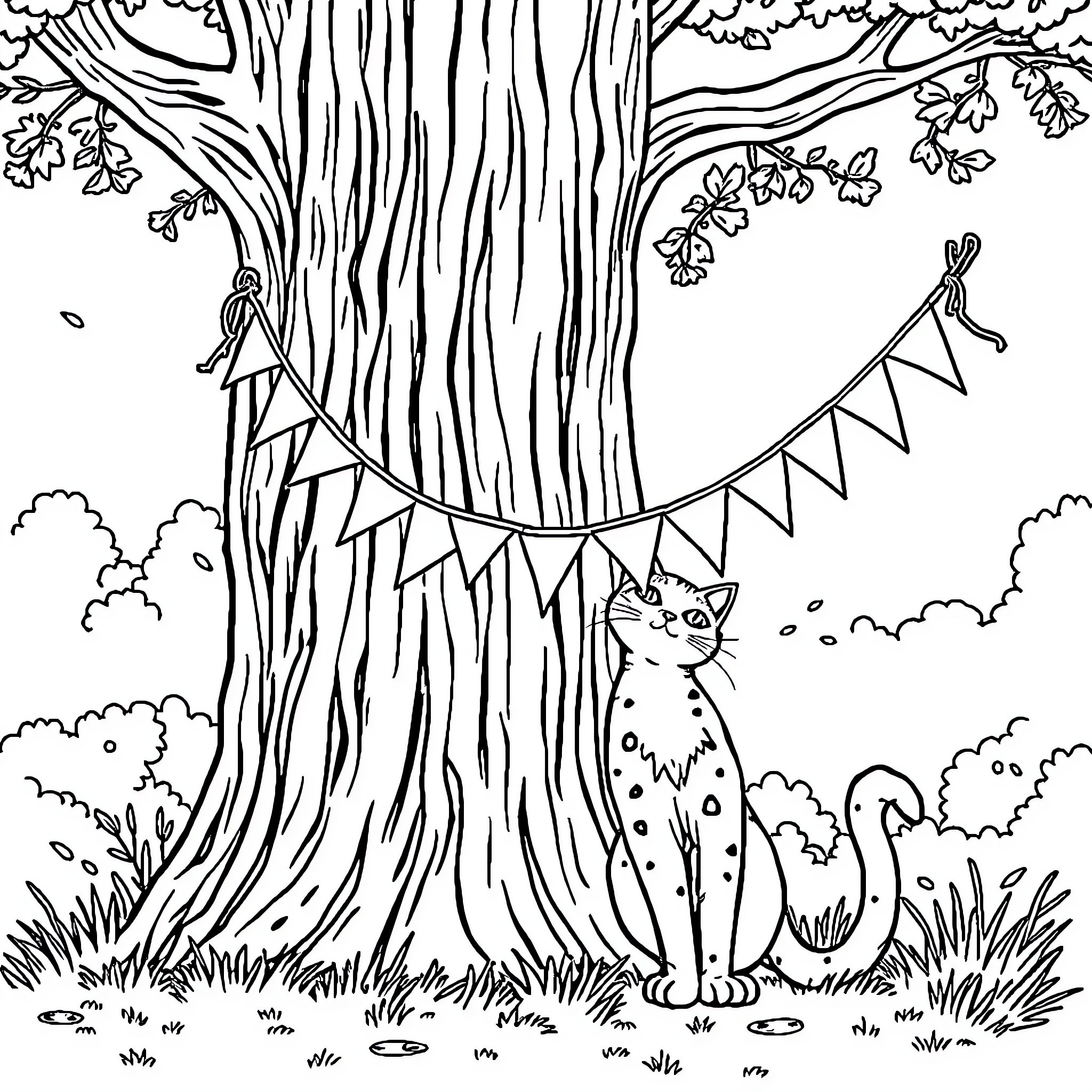 Cat exploring decorated tree in nature Coloring Page (free black-and-white line drawing printable PDF for all, from beginners to advanced learners, including children, teens, adults, and seniors)